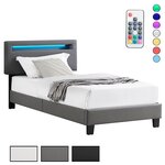 IDIMEX Lit LED simple EVAN 90x190 cm, avec sommier, revêtement en synthétique. Coloris disponibles : Gris, Noir, Blanc