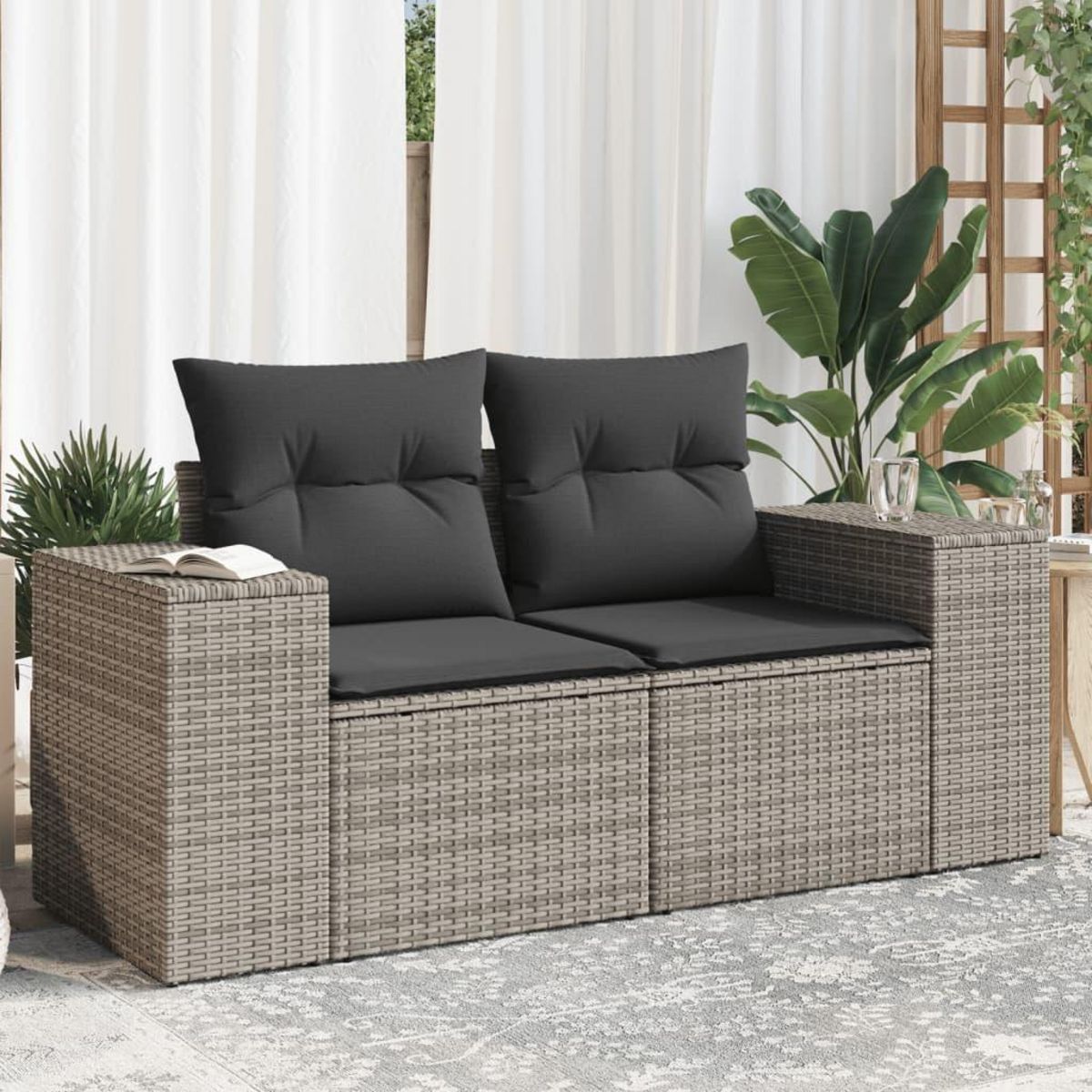 VIDAXL Canape de jardin 2 places avec coussins gris resine tressee