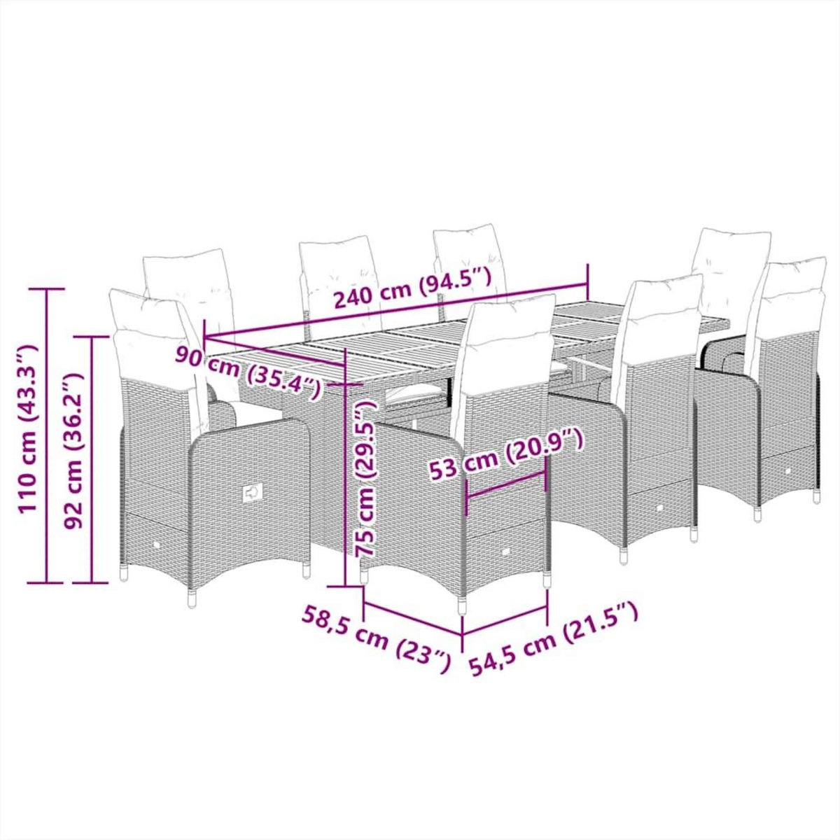 VIDAXL Ensemble de bistro de jardin 9 pcs coussins gris poly rotin