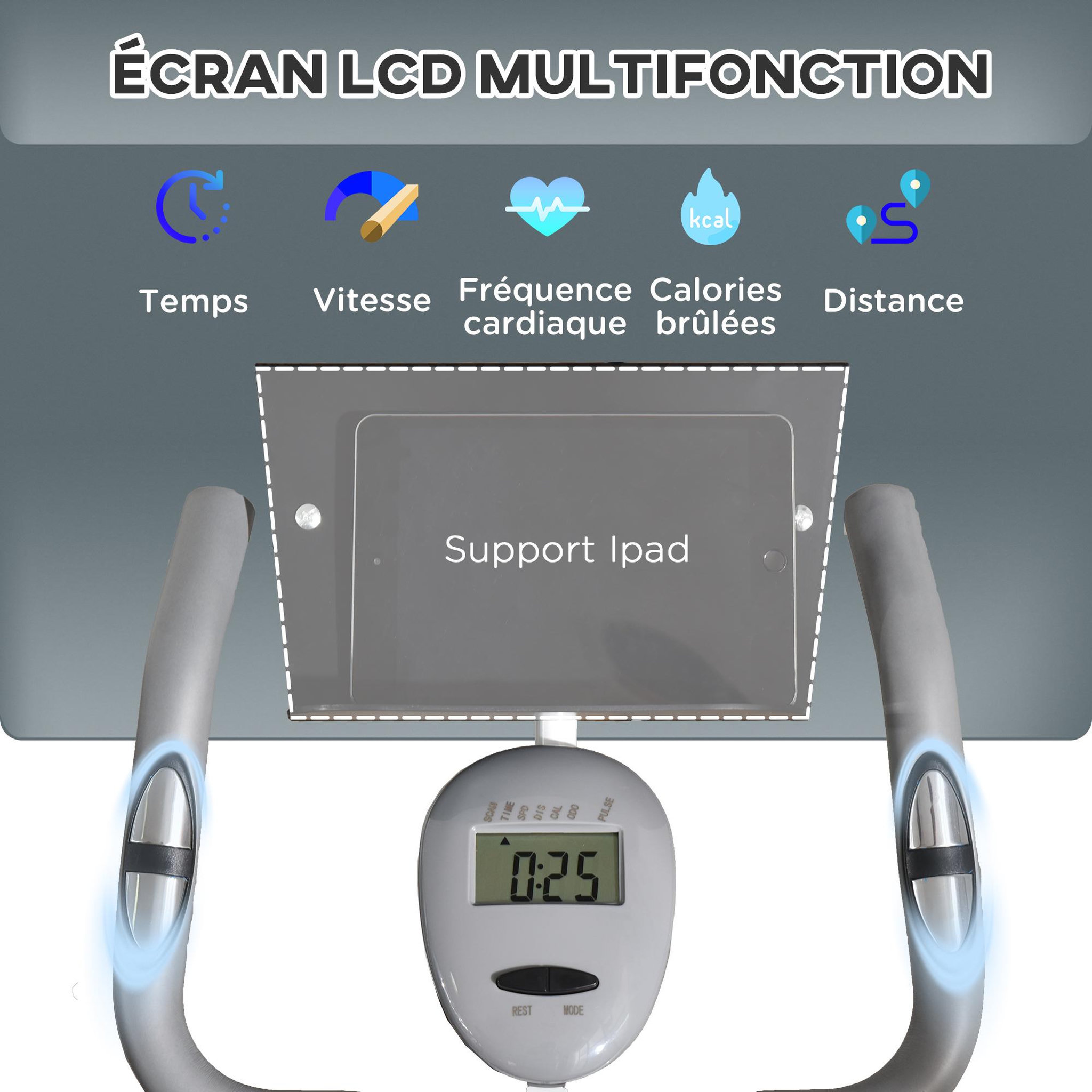 Voir la diapositive 4 : HOMCOM Vélo d'appartement pliable grand confort dossier selle réglable poignées ergonomiques écran LCD multifonction support tablette acier blanc gris