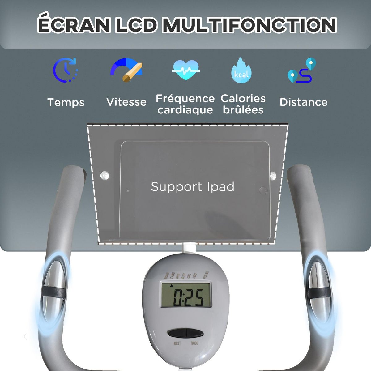 HOMCOM Vélo d'appartement pliable grand confort dossier selle réglable poignées ergonomiques écran LCD multifonction support tablette acier blanc gris