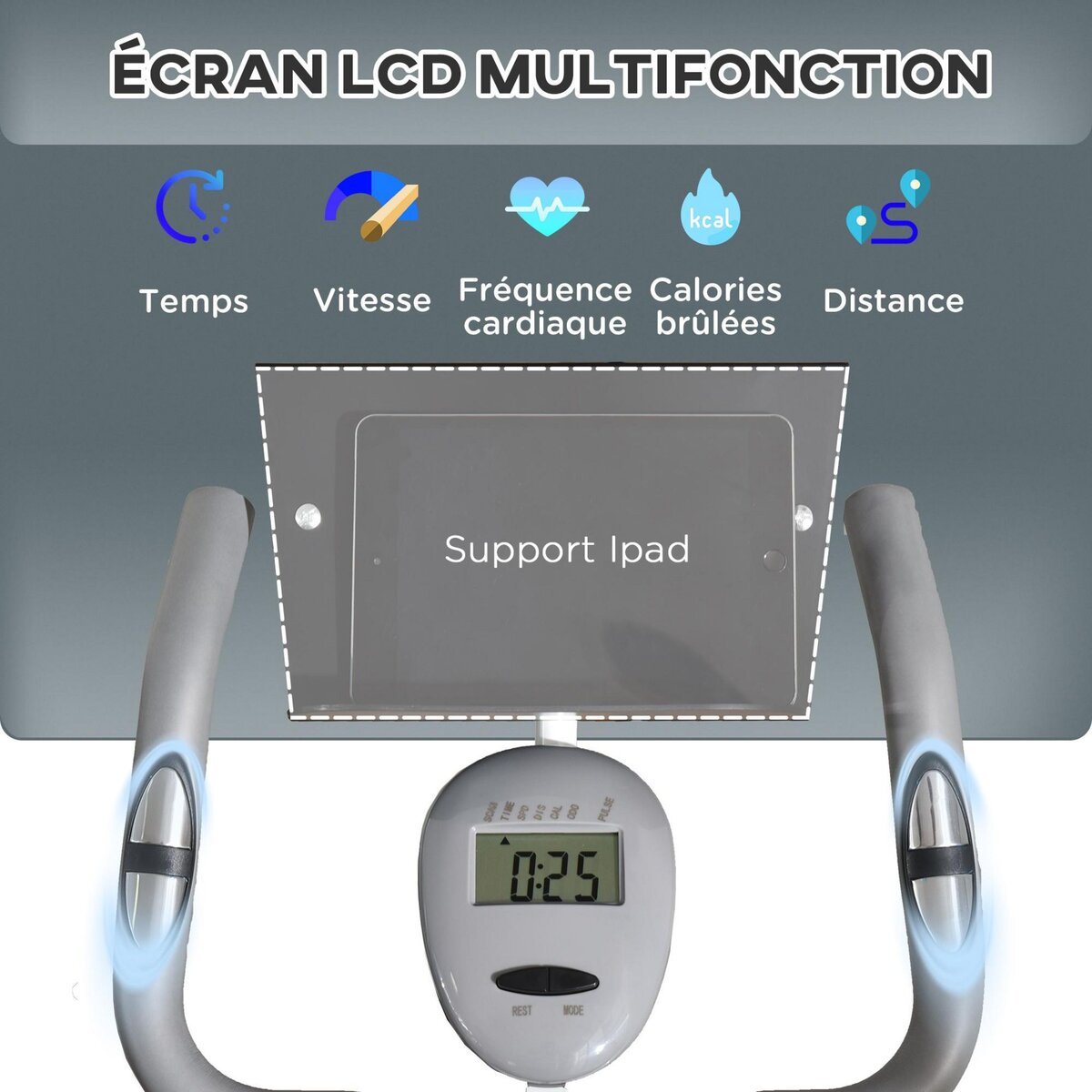 HOMCOM Vélo d'appartement pliable grand confort dossier selle réglable poignées ergonomiques écran LCD multifonction support tablette acier blanc gris