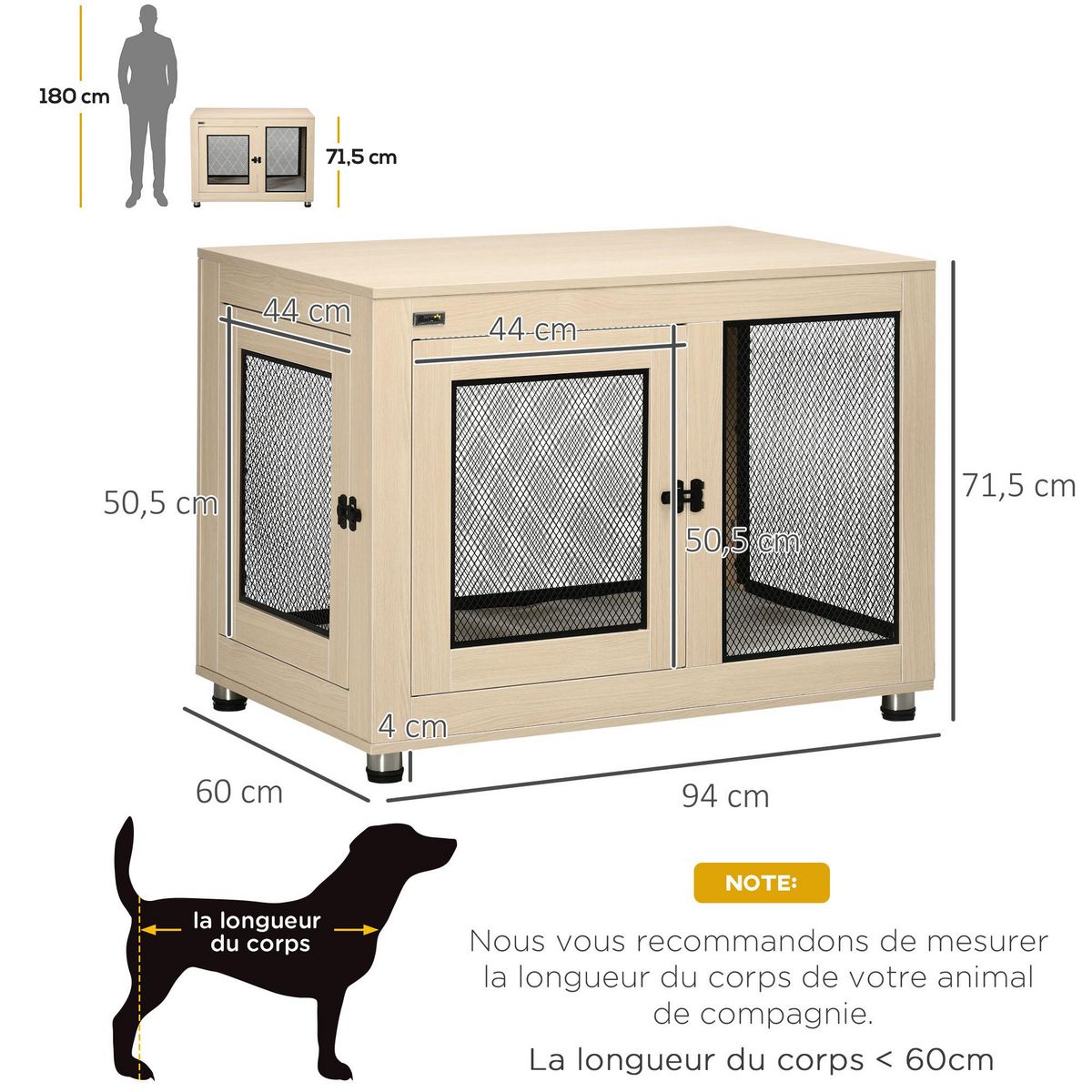 PAWHUT Cage pour chien sur pied style industriel - 2 portes verrouillables, coussin inclus - acier maillé noir panneaux aspect bois clair