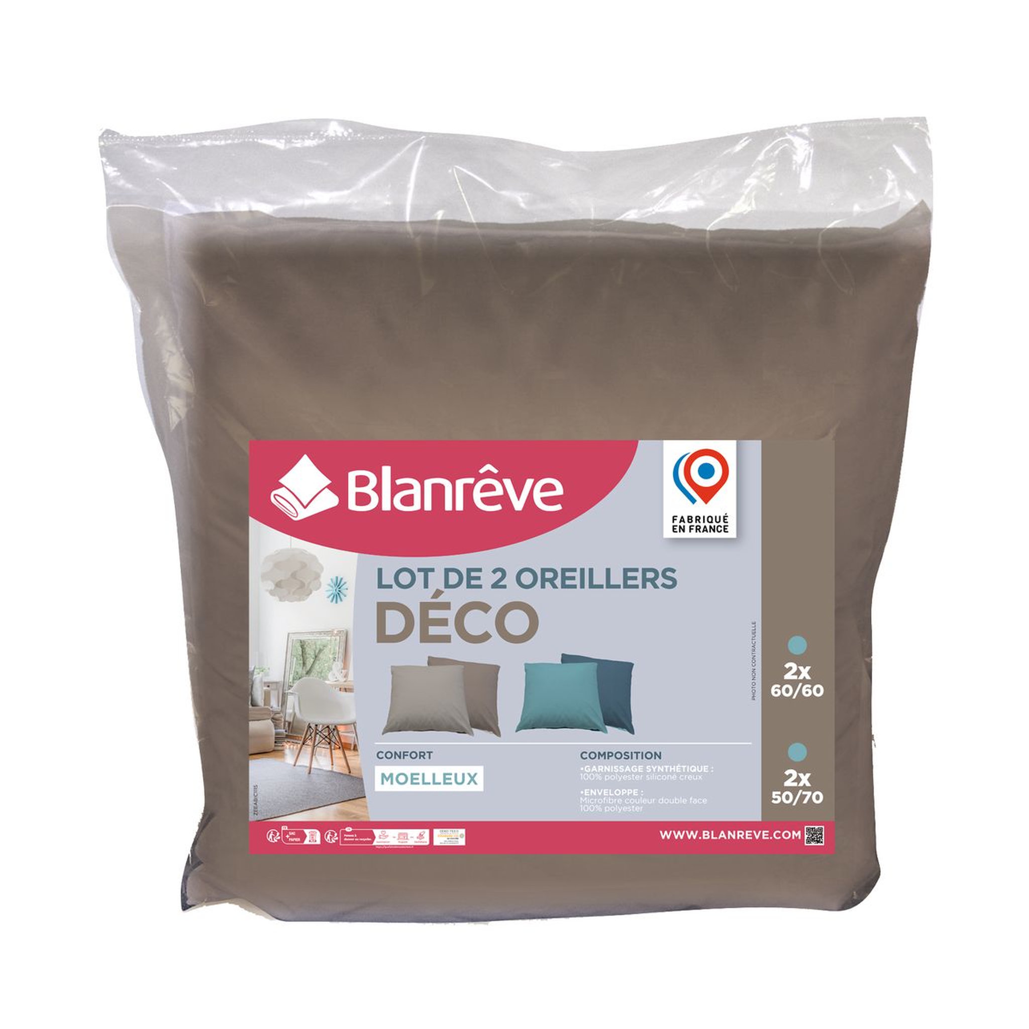 BLANREVE Lot de 2 oreillers bicolore confort moelleux 