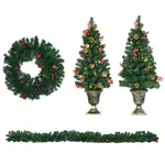 homcom lot de 4 pièces - décorations de noël lumineuses led - couronne, guirlande, 2 sapins avec pots et accessoires - vert