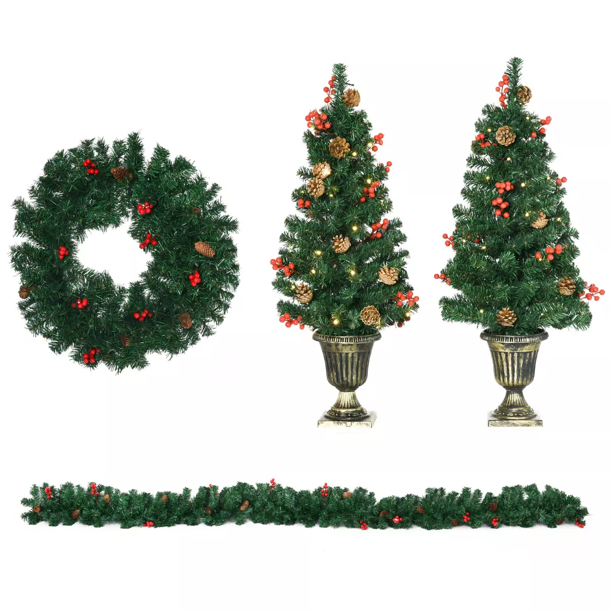 HOMCOM Lot de 4 pièces - décorations de Noël lumineuses LED - couronne, guirlande, 2 sapins avec pots et accessoires - vert