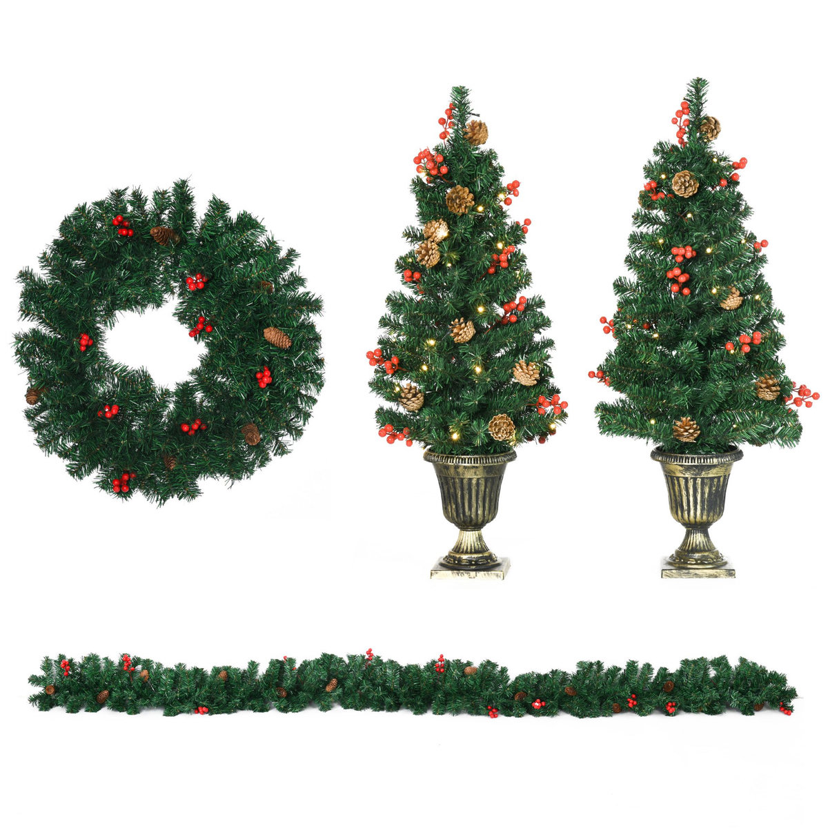 HOMCOM Lot de 4 pièces - décorations de Noël lumineuses LED - couronne, guirlande, 2 sapins avec pots et accessoires - vert