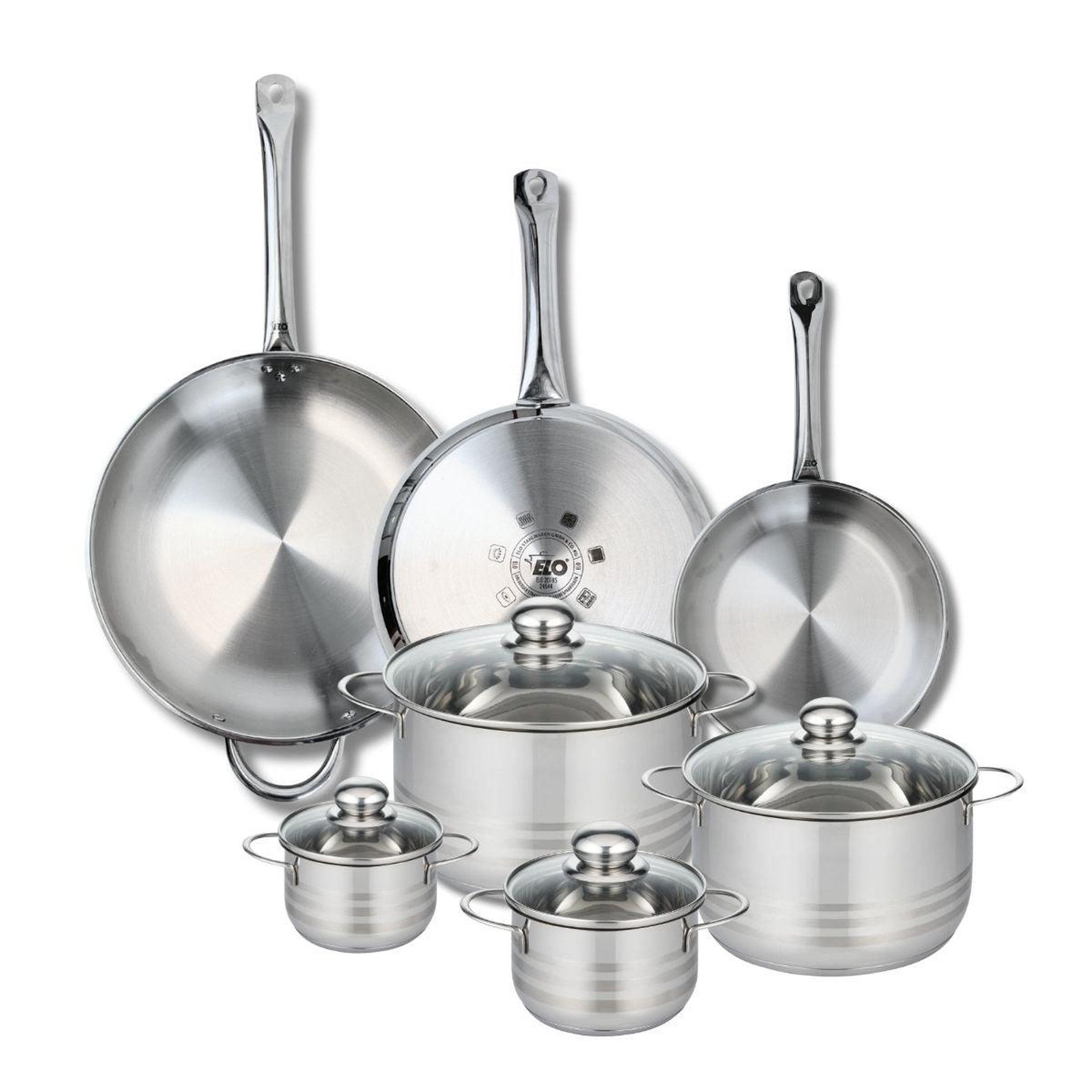 ELO Ensemble de 3 poêles de cuisson 24, 28 et 32 cm et 4 faitouts 12, 14, 20 et 24 cm elo profi brillant