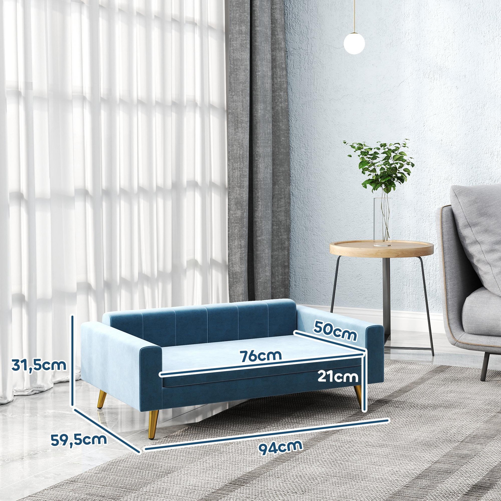 Voir la diapositive 3 : PAWHUT Canapé chien style art déco - dim. 94L x 59l x 31H cm - coussin amovible déhoussable - acier doré velours bleu
