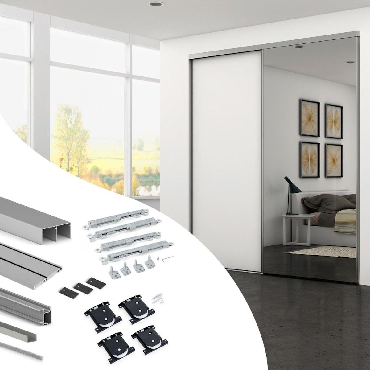 EMUCA SRL Kit de quincaillerie pour armoire à 2 portes coulissantes avec fermeture souple Placard 74 -  Modèle de poignée Sharp -  épaisseur 18mm -  panneaux non inclus -  Anodisé mat