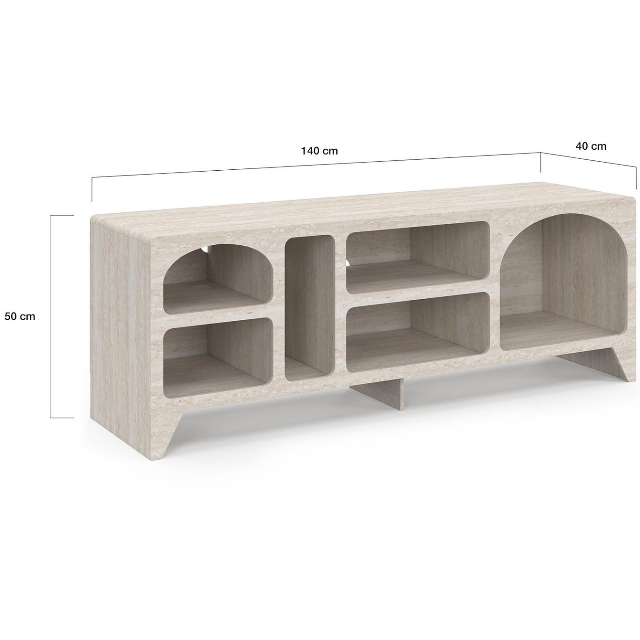 Voir la diapositive 4 : ID MARKET Meuble TV 140 cm organique ALESIA 6 niches bois effet travertin