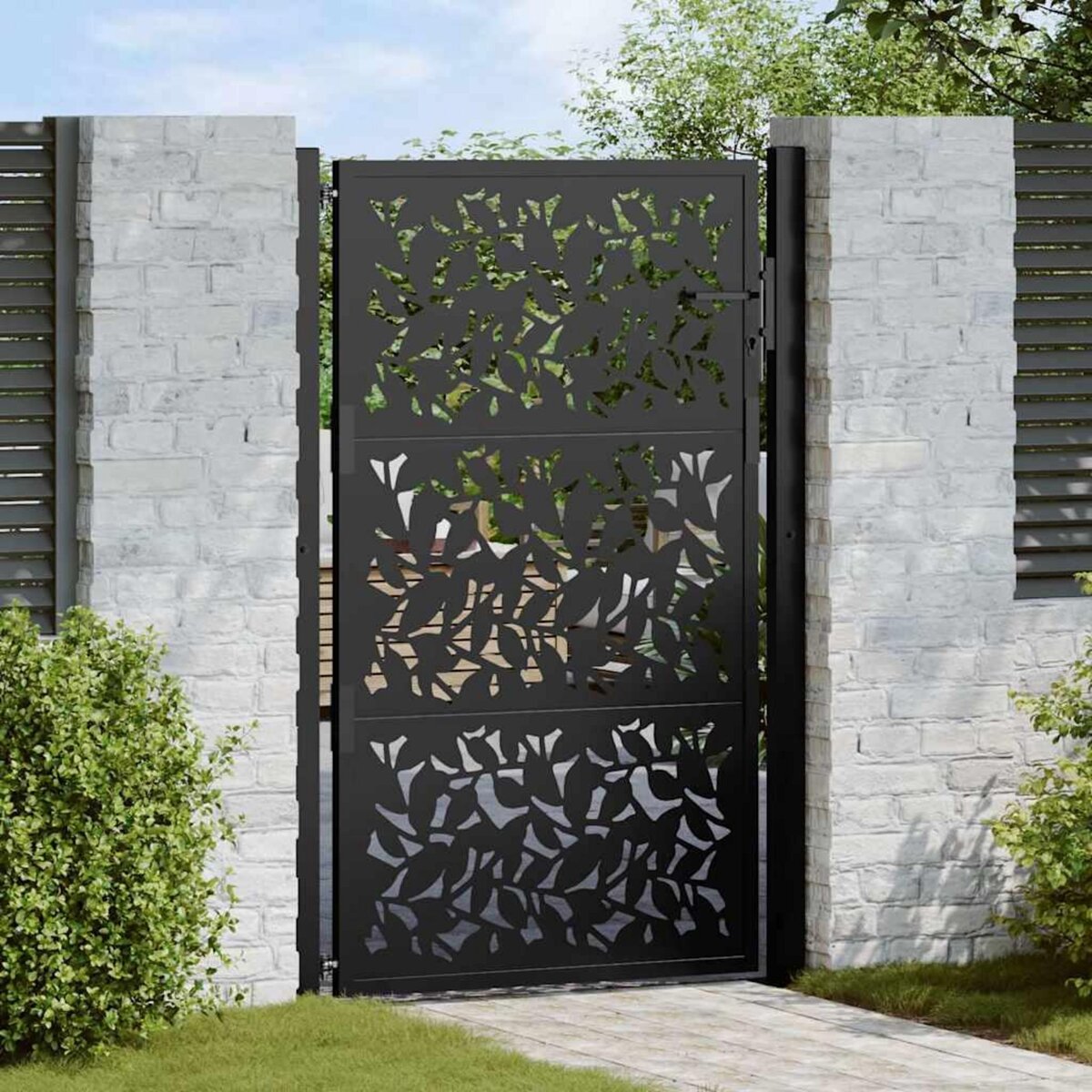 VIDAXL Portail de jardin noir 105x155 cm acier conception de feuilles