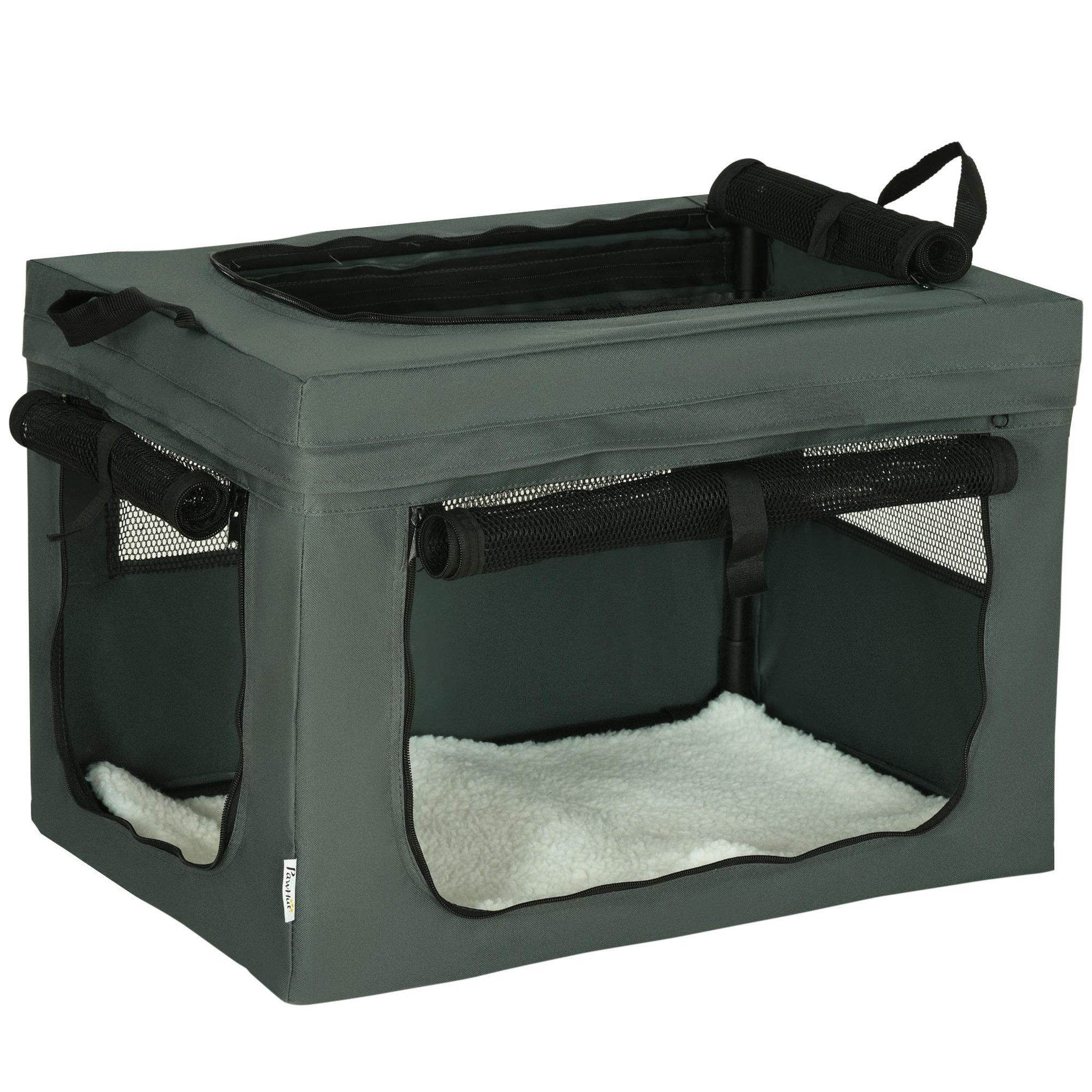 PAWHUT Sac de transport pliable pour chien chat - 2 poignées, 3 portes - dim. 60l x 42l x 42h cm - acier polyester gris