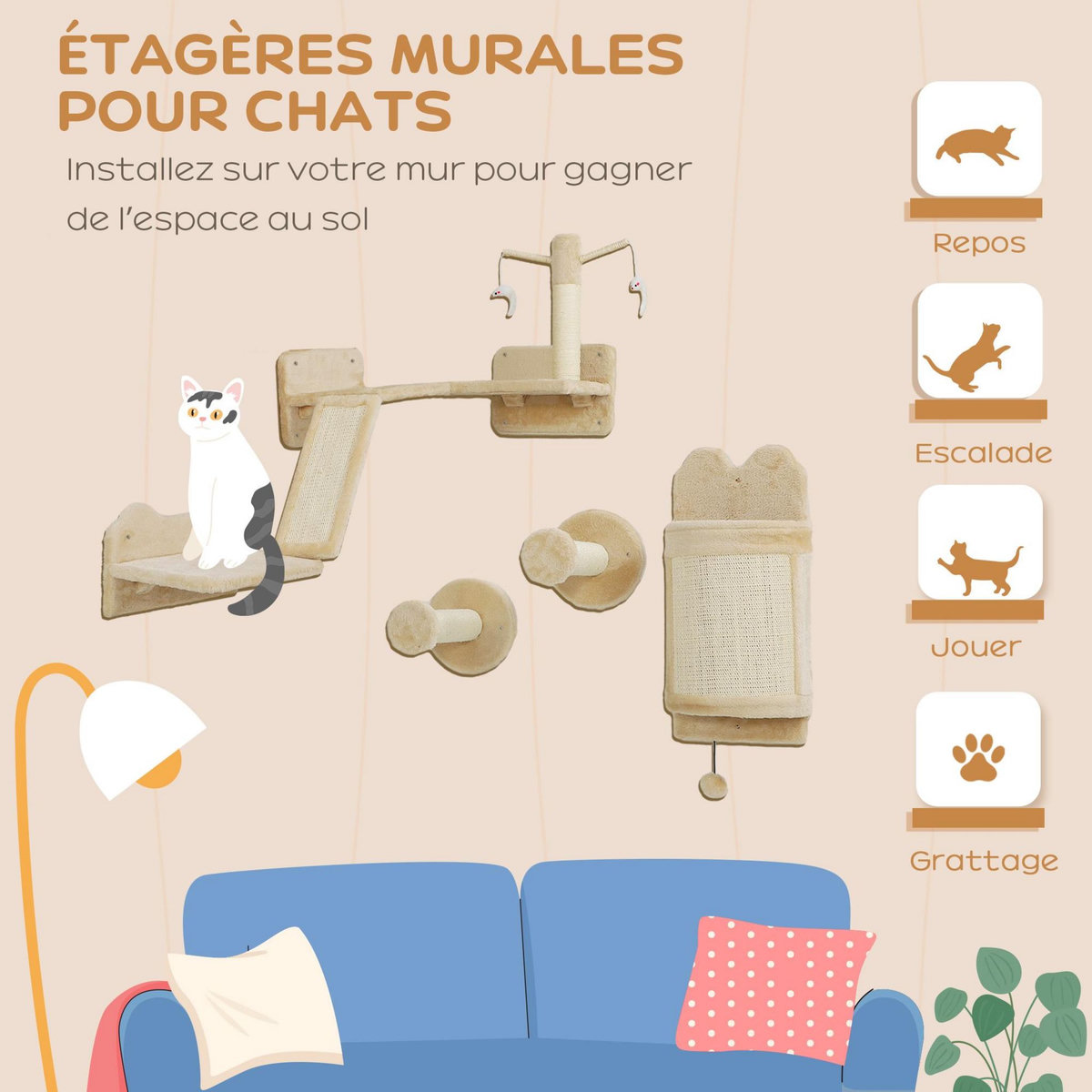 PAWHUT Mur d'escalade pour chat - arbre à chat design mural - griffoirs, grattoirs, jeux - sisal naturel peluche beige