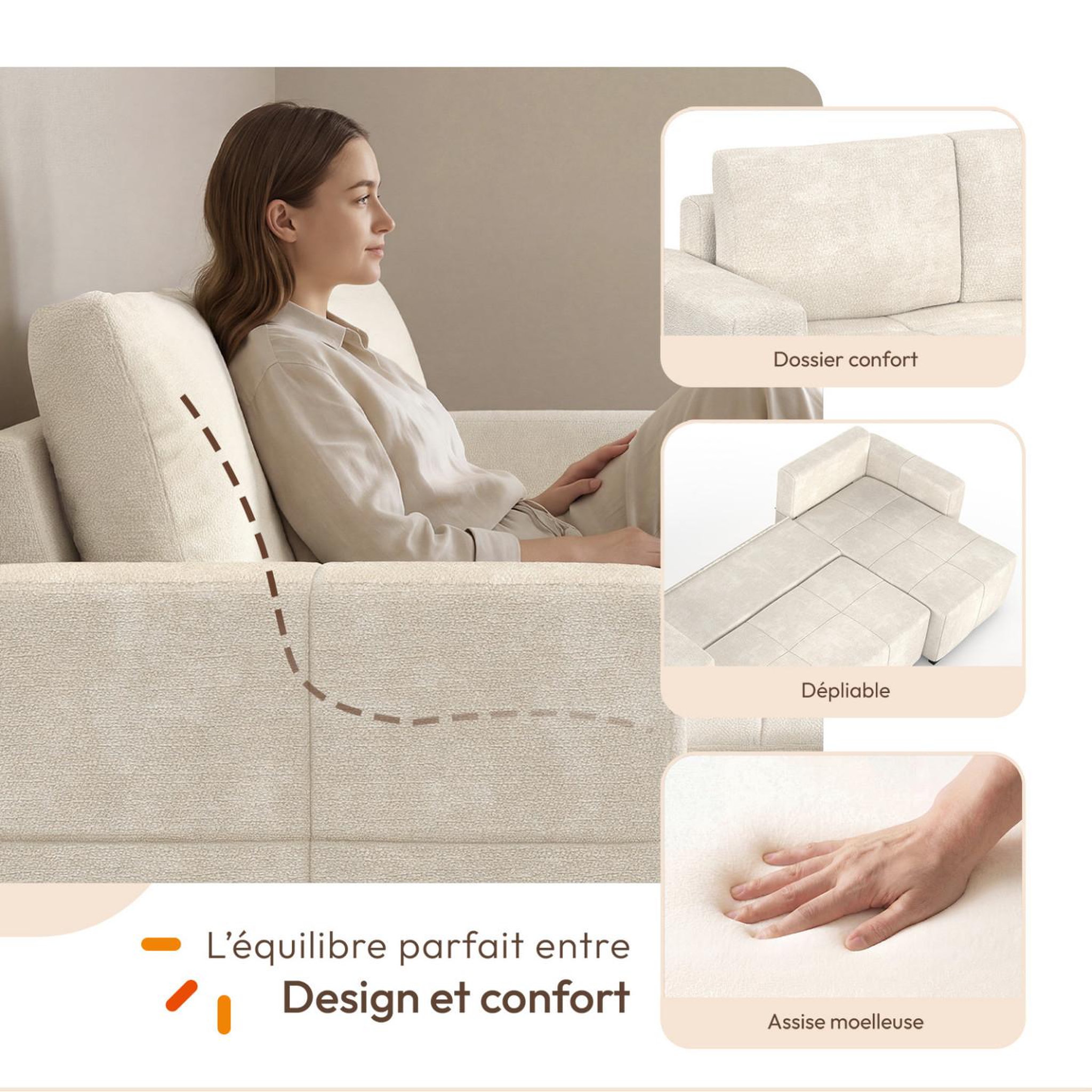 Voir la diapositive 4 : ID MARKET Canapé d'angle convertible 4 places NUAGE 240 cm avec coffre de rangement en tissu chenille crème