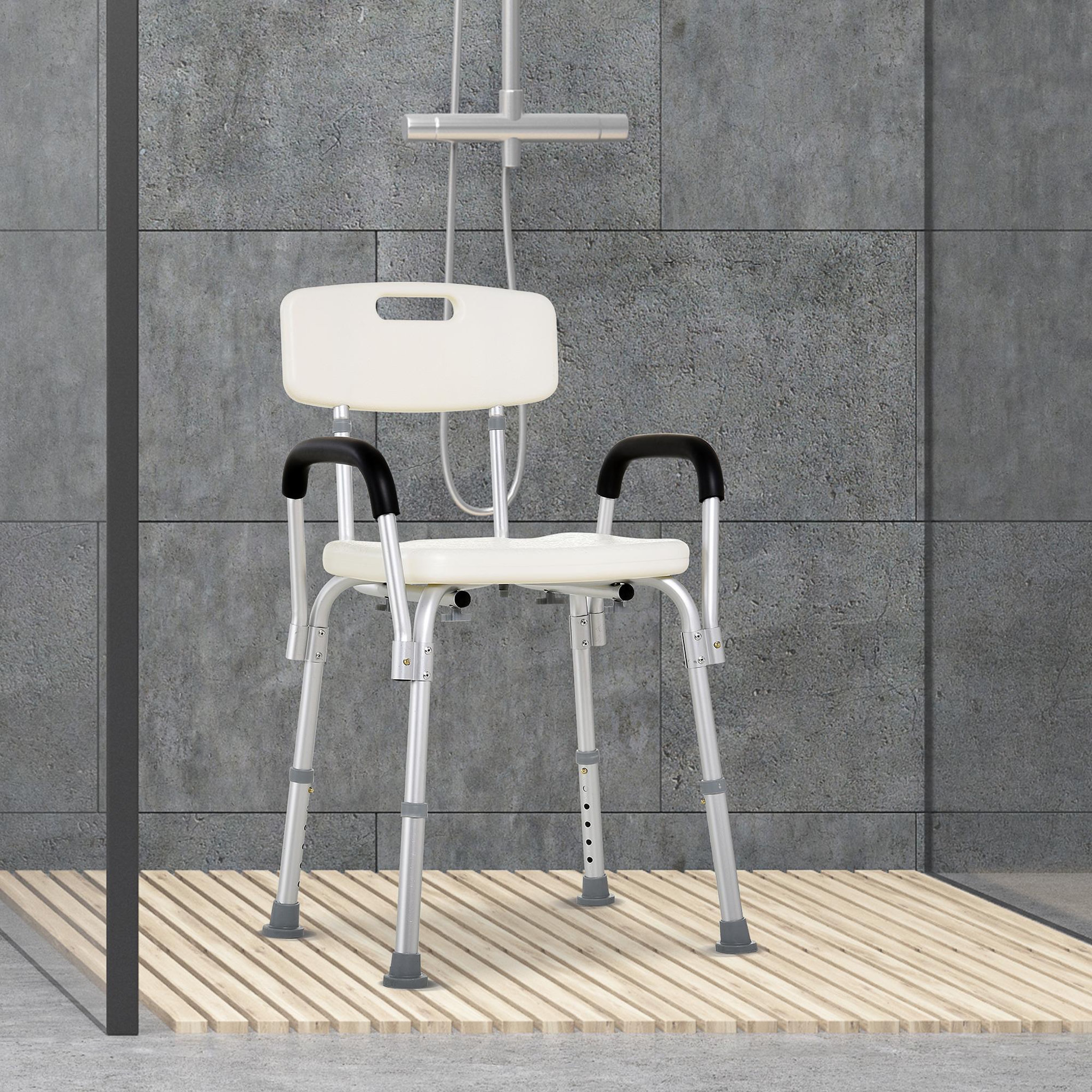 Voir la diapositive 2 : HOMCOM Chaise de douche siège de douche ergonomique hauteur réglable pieds antidérapants dossier accoudoirs amovibles charge max. 136 kg alu hdpe blanc