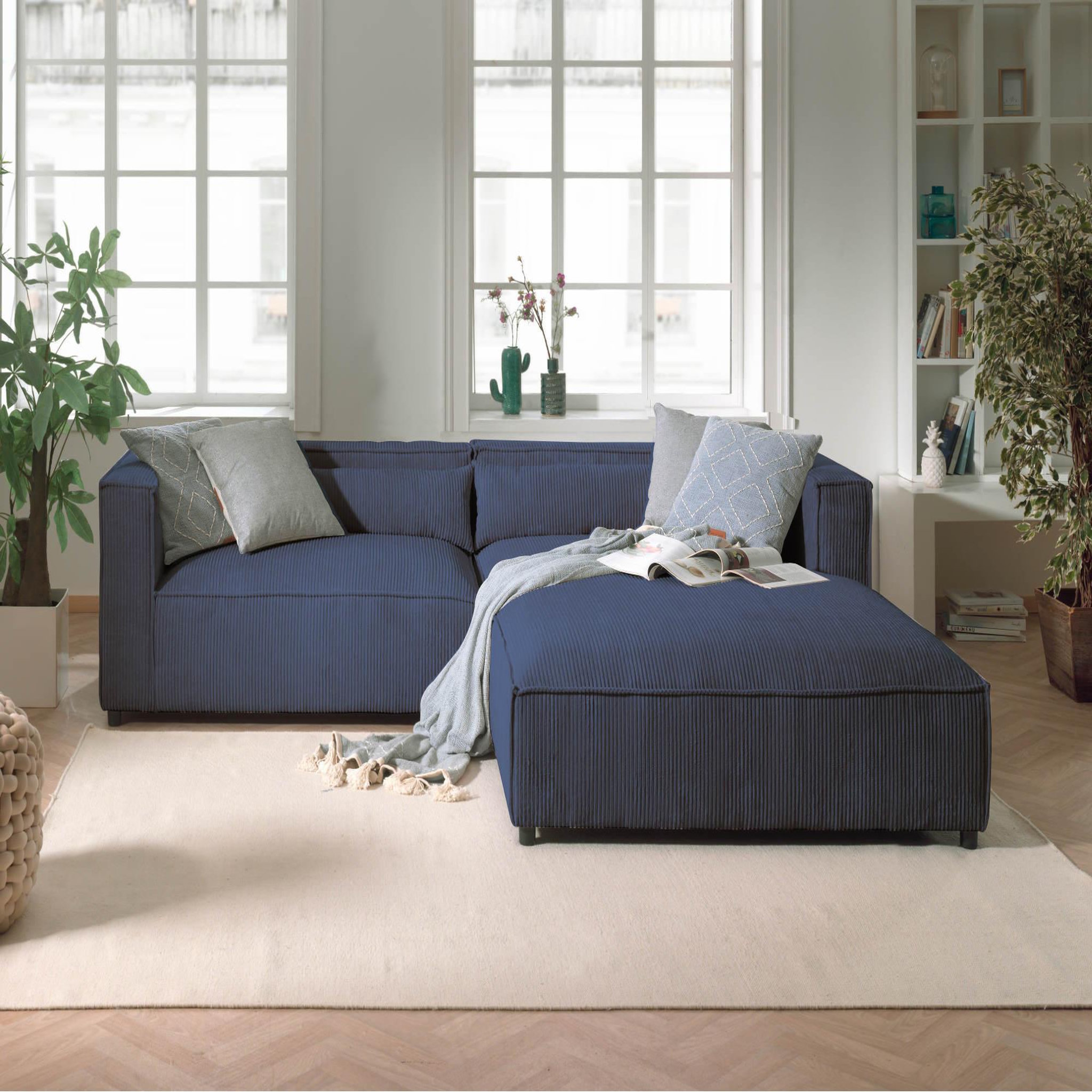 Voir la diapositive 2 : BEST MOBILIER Ela - canapé d'angle droit 4 places - en velours côtelé - style contemporain