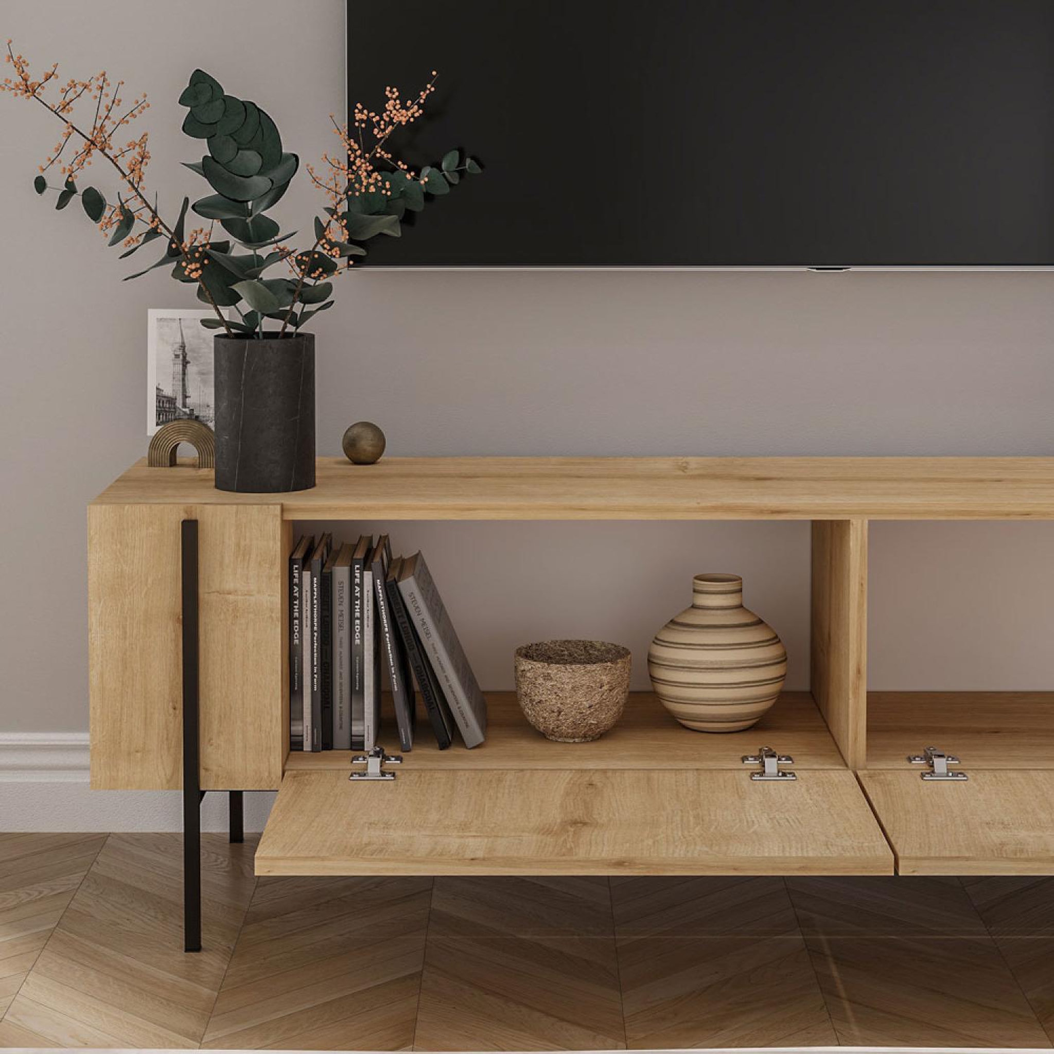 Voir la diapositive 5 : CONCEPT USINE Meuble tv avec placards bois et détails noirs 160cm frena