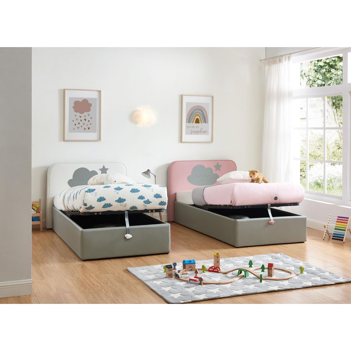 Ensemble Lit coffre à led 90x190cm avec sommier et tête de lit NUAGE + matelas 90x190 cm ANNA