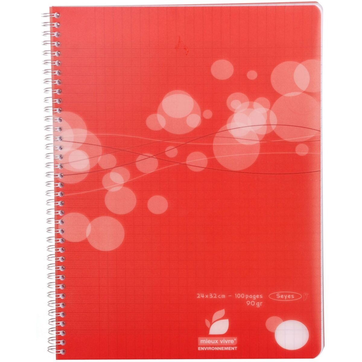AUCHAN Cahier polypro 24x32cm 100 pages grands carreaux Seyes à spirale rouge motif ronds