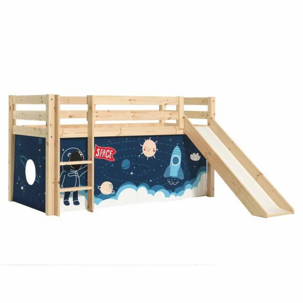 Paris Prix Lit Enfant Surélevé Avec Toboggan  Pino Space Shuttle  90x200cm Naturel