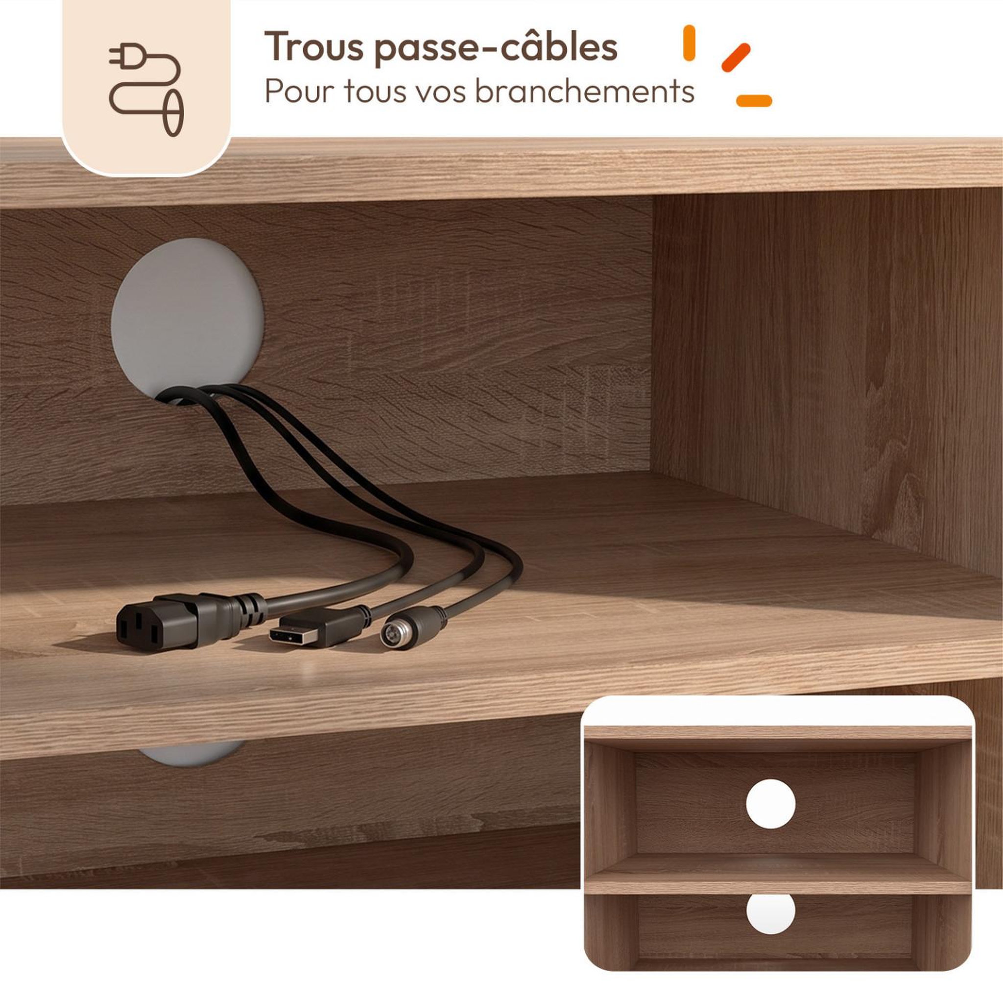 Voir la diapositive 5 : ID MARKET Meuble tv 113 cm eli bois façon hêtre portes blanches