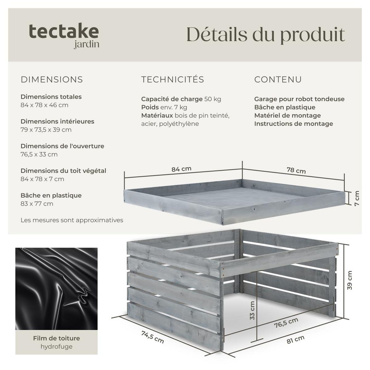 tectake Garage pour robot tondeuse en lattes de pin teintées résistantes aux intempéries gris