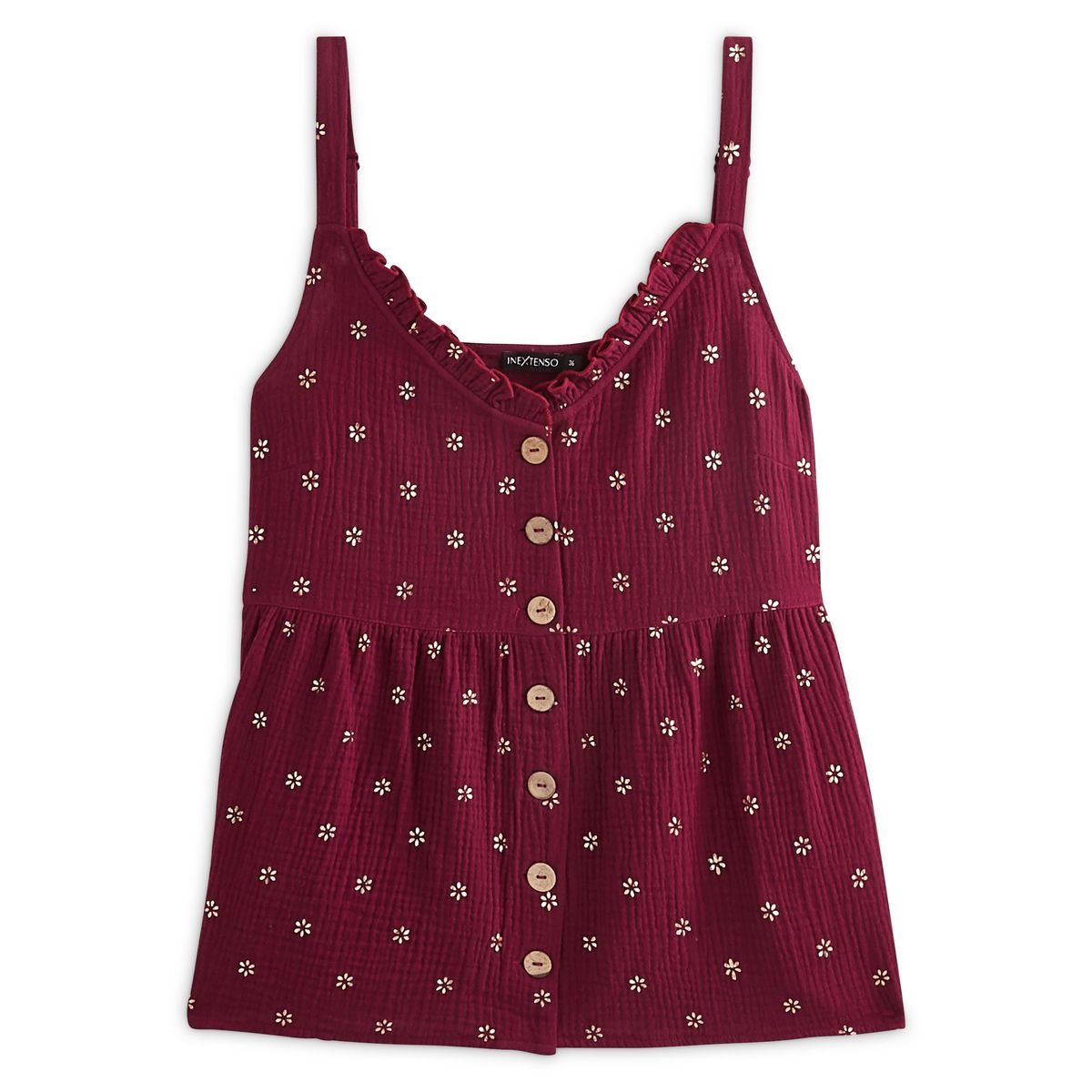 IN EXTENSO Top violet fleuris avec boutons devant femme