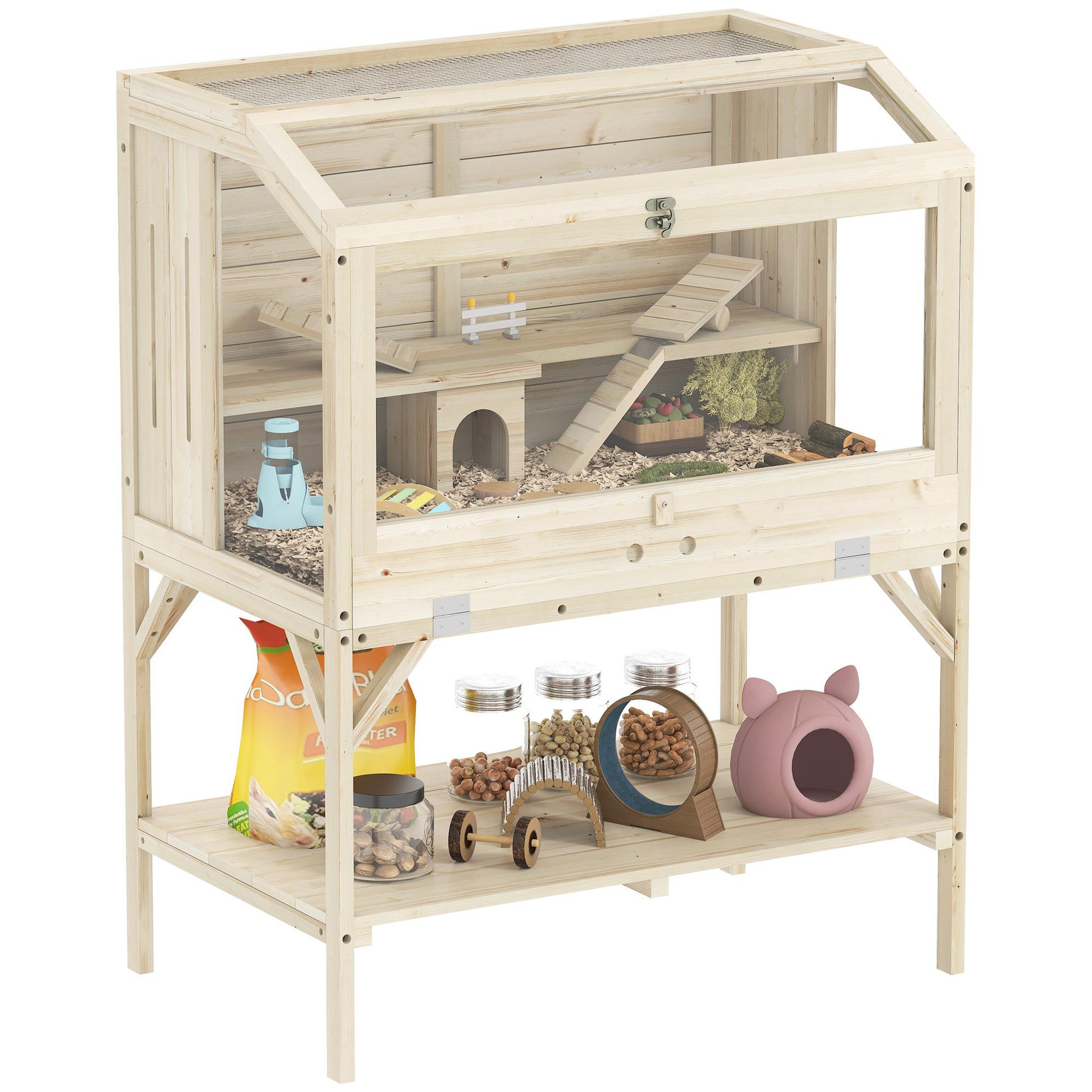 PAWHUT Cage hamster rongeur en bois - 2 niveaux - étagère - accessoires - 84 x 53 x 110 cm