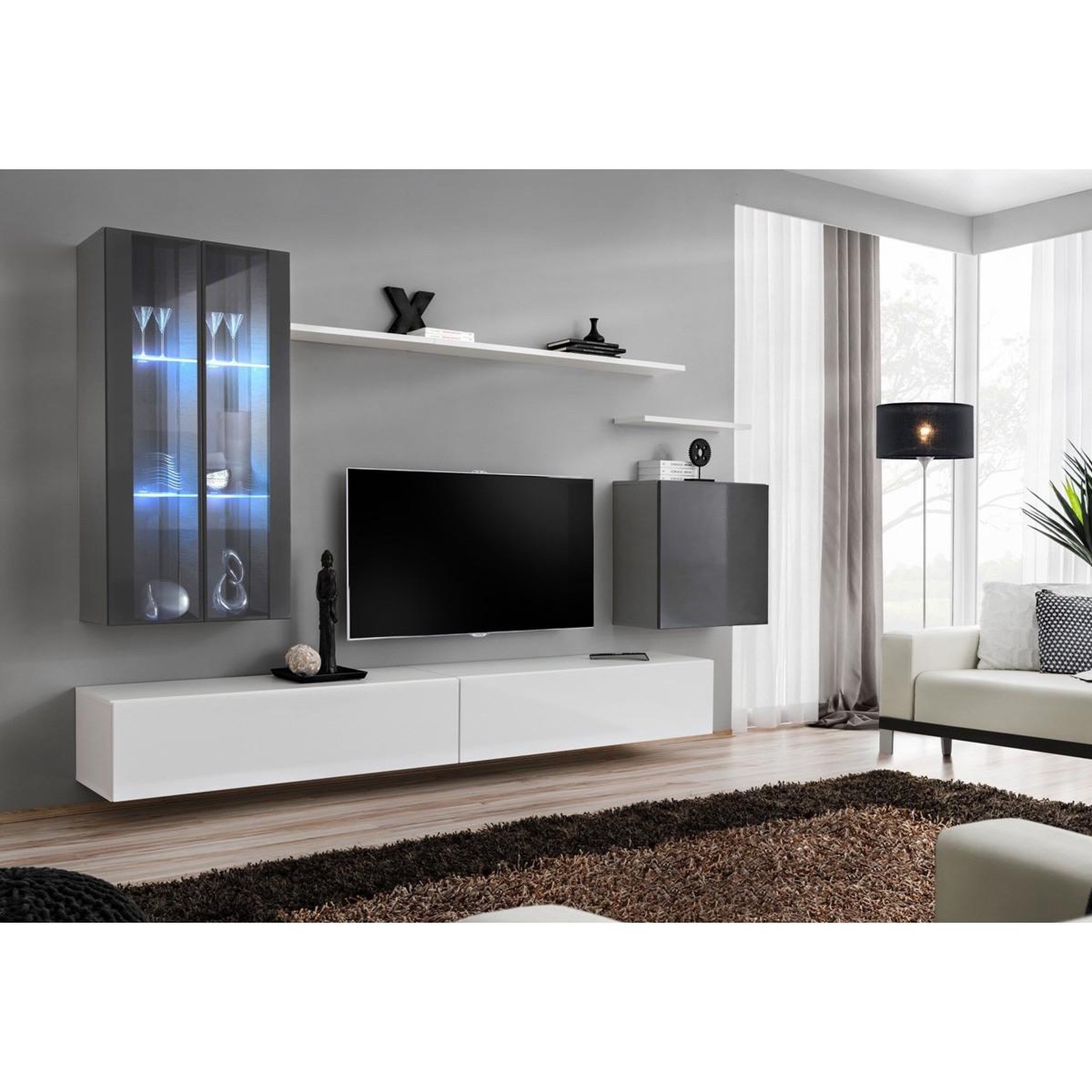 Voir la diapositive 1 : Paris Prix Meuble TV Mural Design  Switch XII  270cm Gris & Blanc