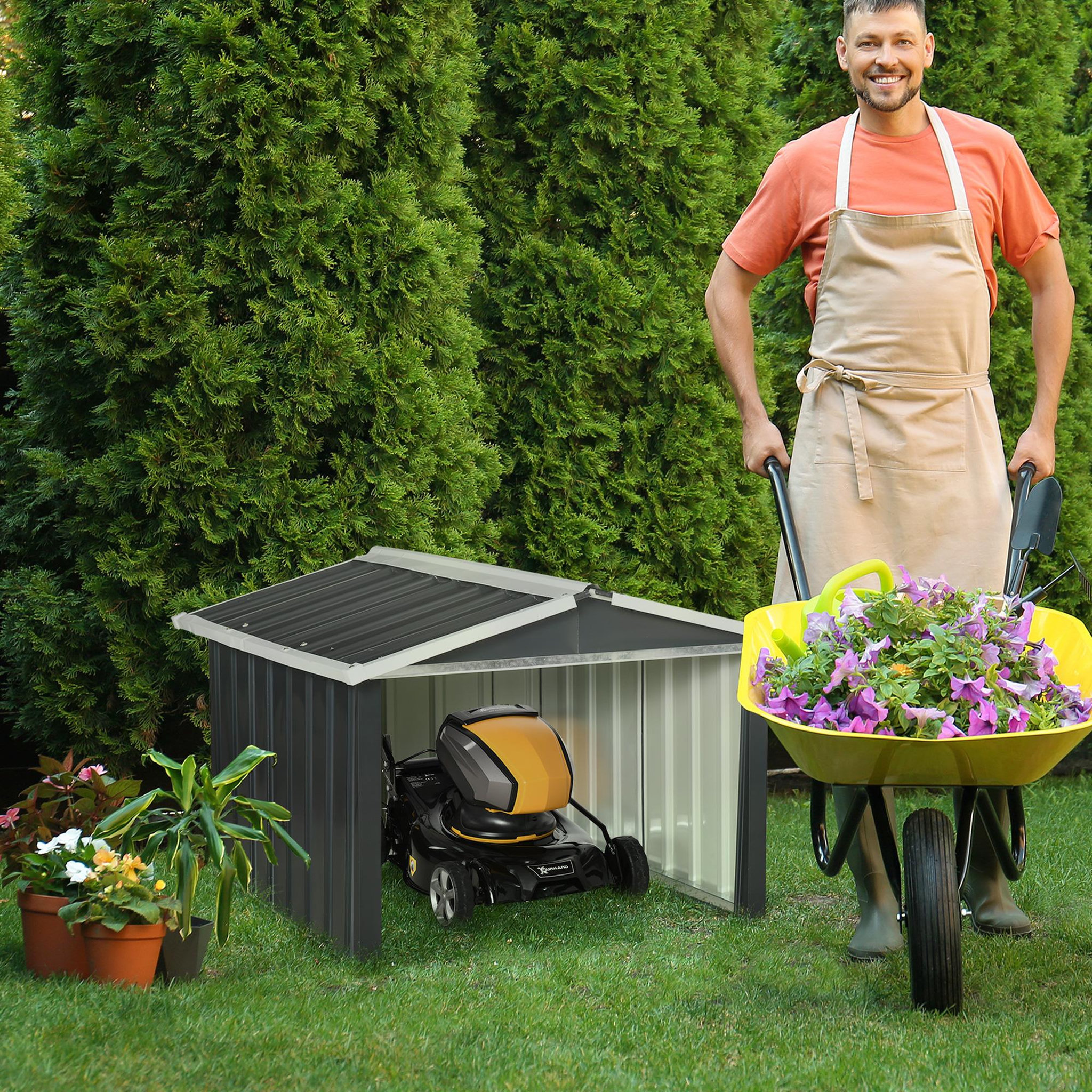 Voir la diapositive 2 : OUTSUNNY Abri de jardin pour tondeuse à gazon robot-tondeuse - garage tondeuse robot - tôle acier ondulé gris blanc