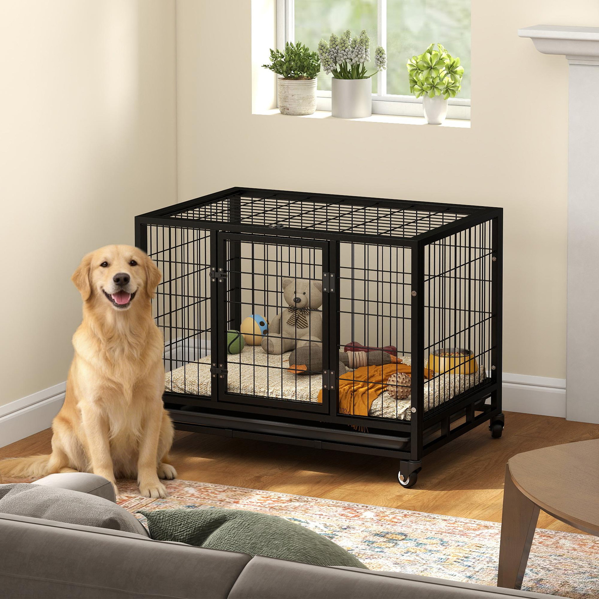 Voir la diapositive 2 : PAWHUT Cage pour chien animaux cage de transport sur roulettes 2 portes noir