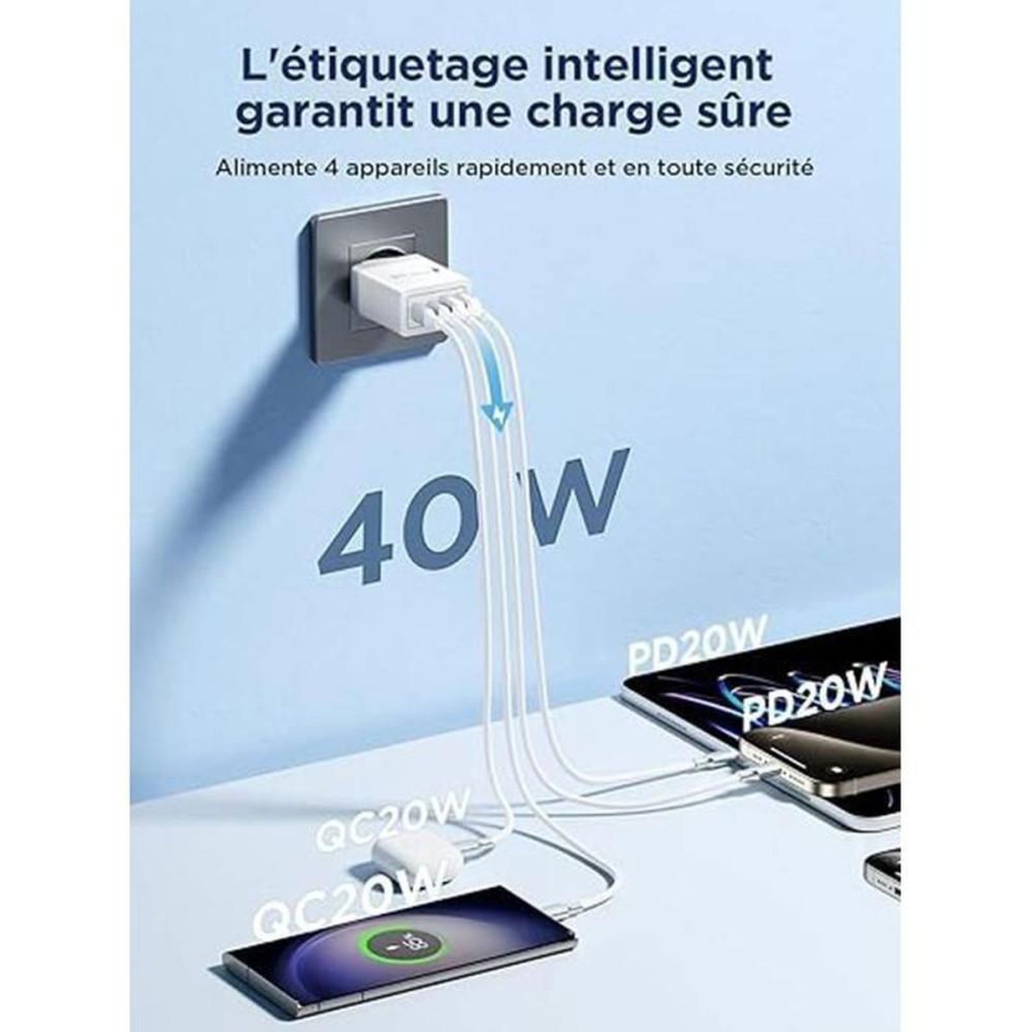 Voir la diapositive 3 : Chargeur USB-C 40W 4 ports blanc, 2 USB-C PD20W et 2 USB-A, charge rapide pour 4 appareils