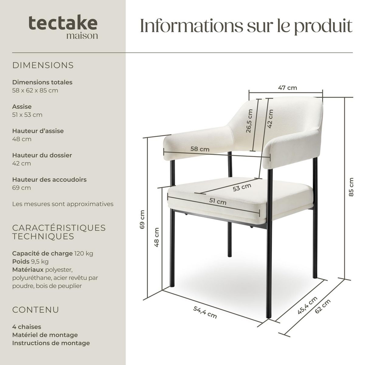 tectake Fauteuil rembourré Tissu blanc cassé/noir Lot de 4