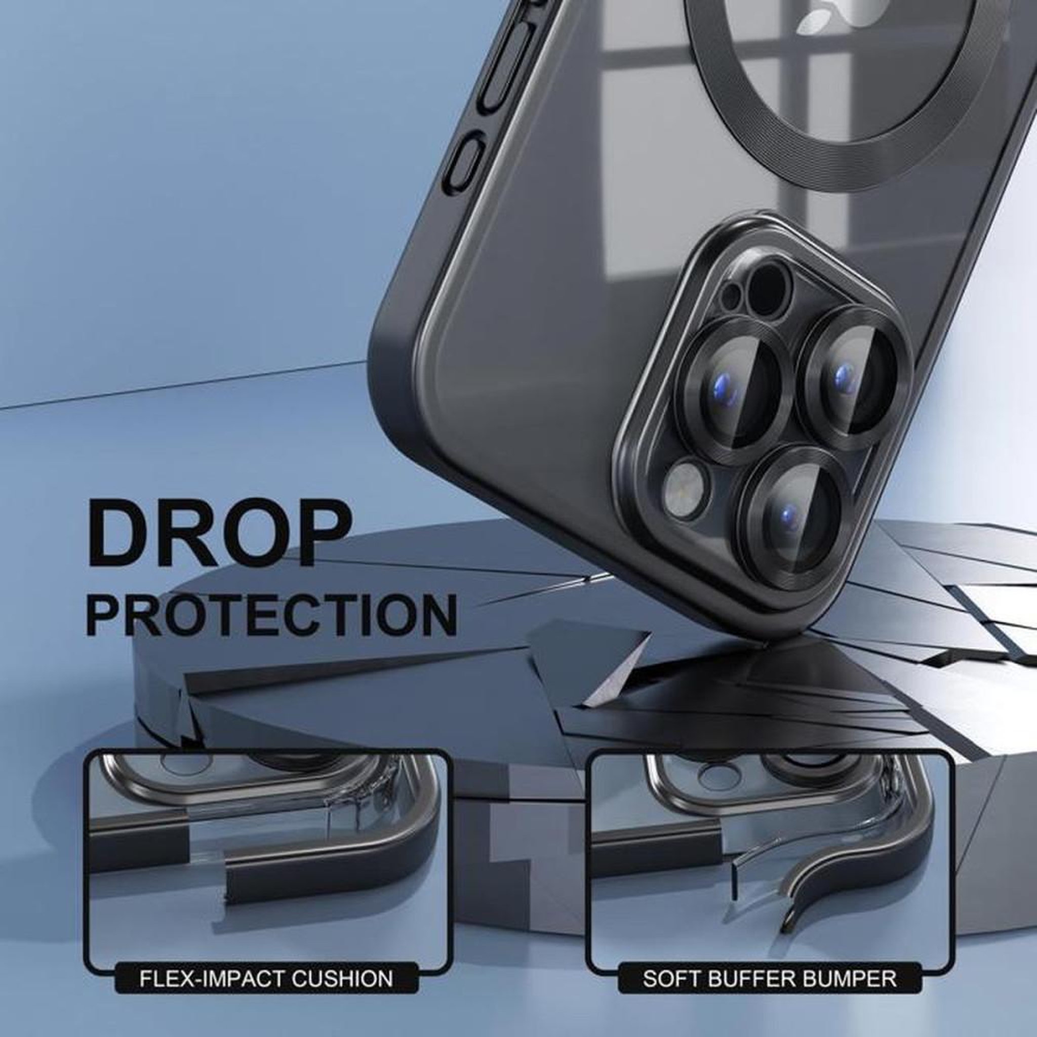 Voir la diapositive 4 : Coque iPhone 15 Pro magnétique transparente noire TPU avec protection antichoc militaire et anneau magnétique