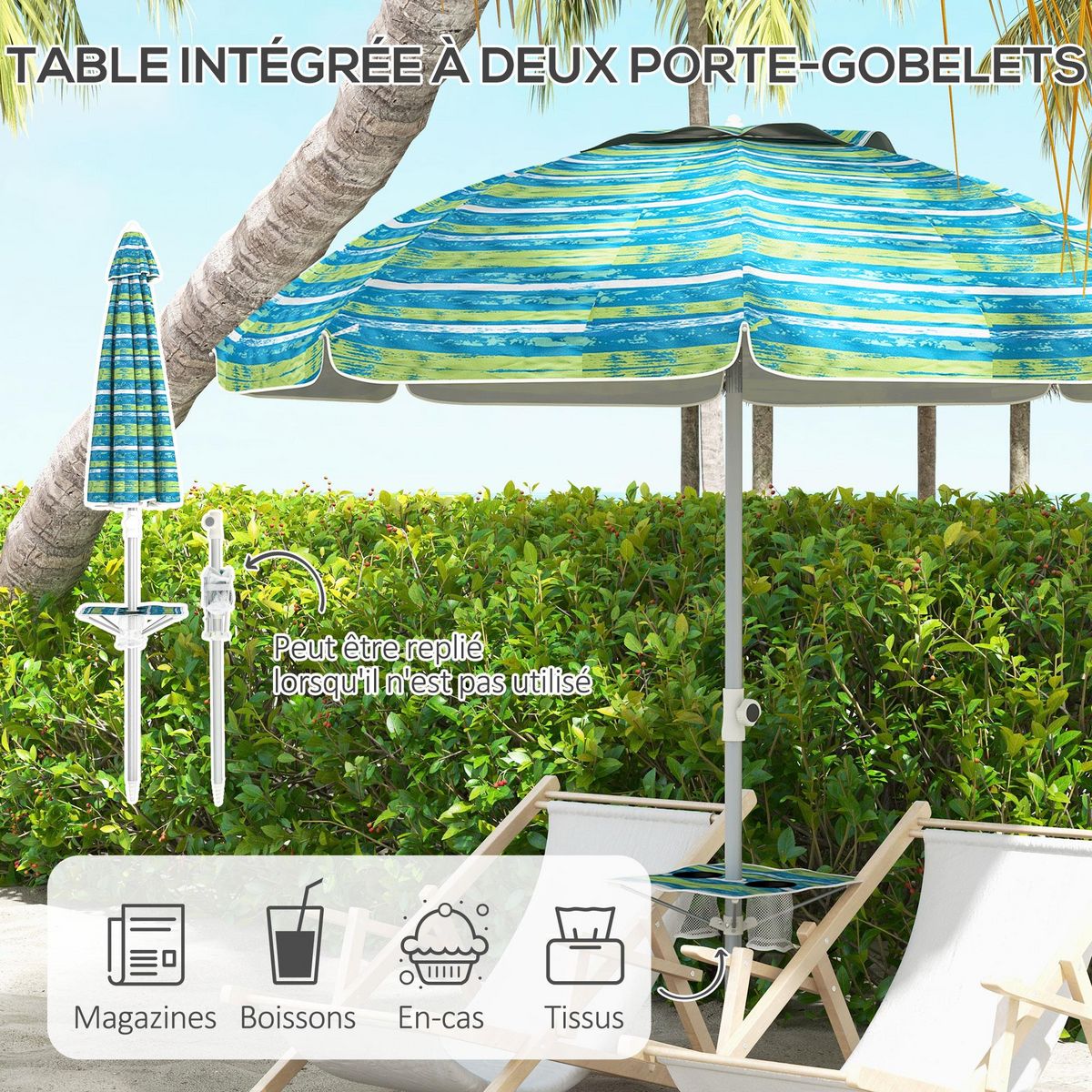 OUTSUNNY Parasol inclinable réglable de plage protection UV50+ Ø190 cm sac et porte-gobelets inclus