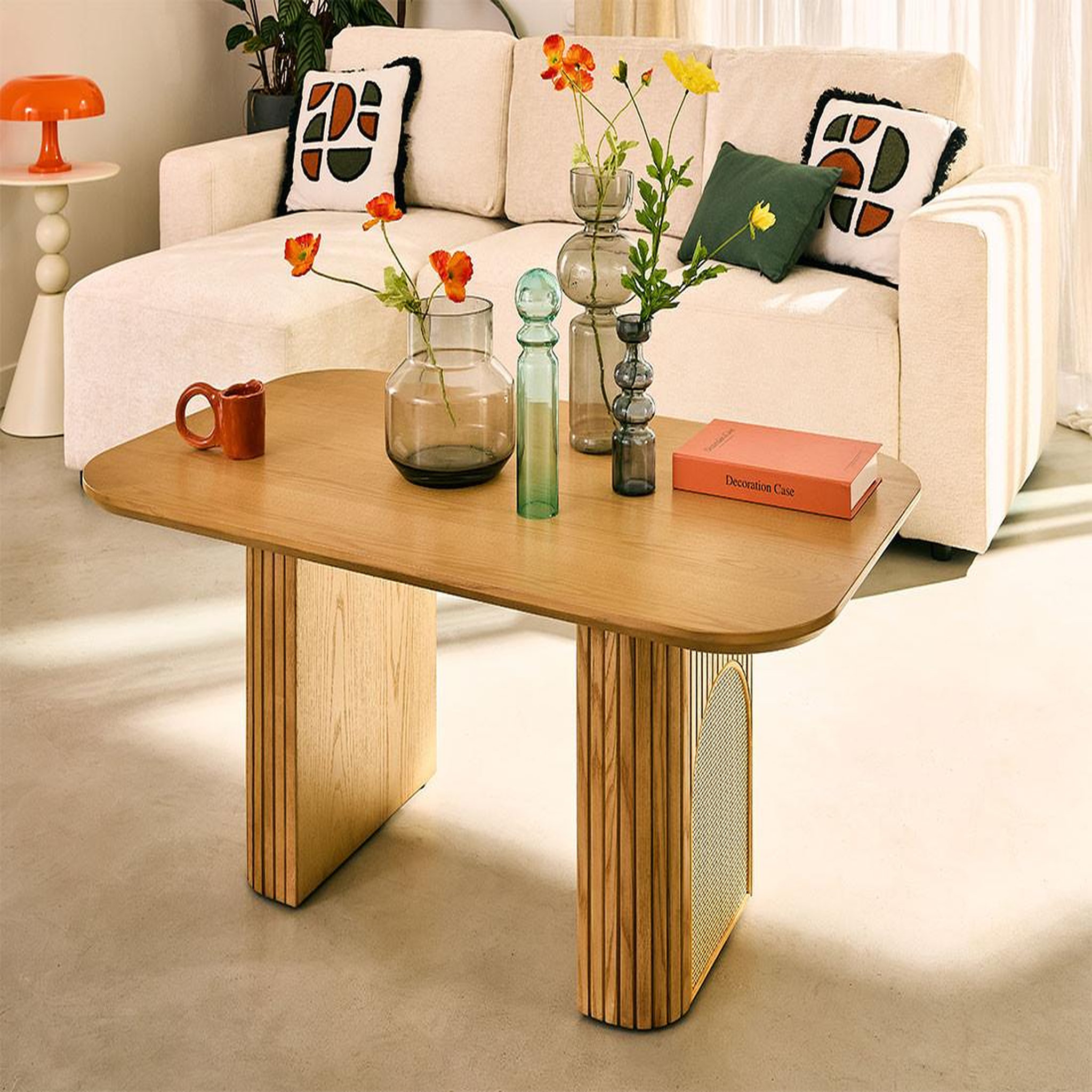 LISA DESIGN Milazzo - table basse - bois plaqué chêne et cannage - 120 cm. Coloris disponibles : Marron