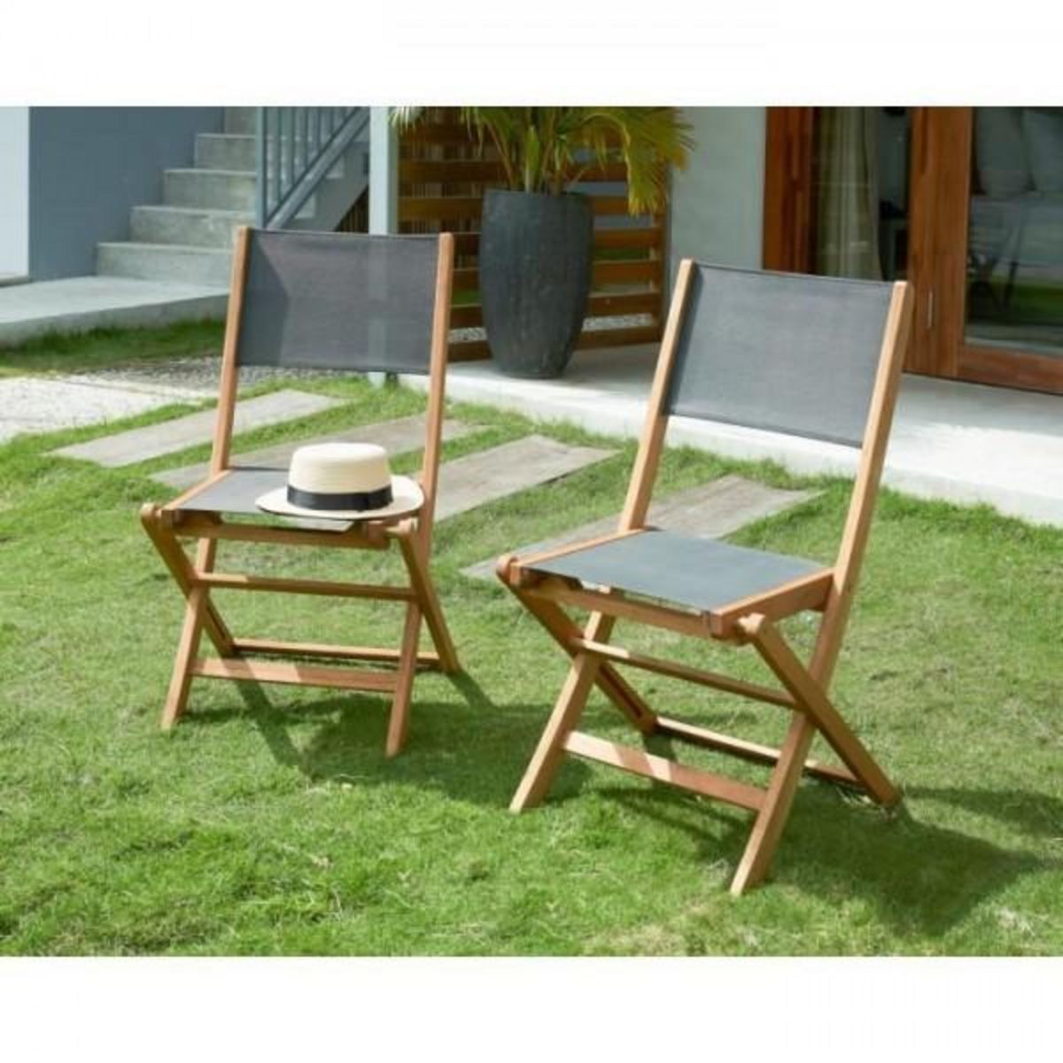 MARKET24 Lot de 4 chaises de jardin en bois d'acacia FSC et assise textilene - 50 x 57 x 90 cm - Gris