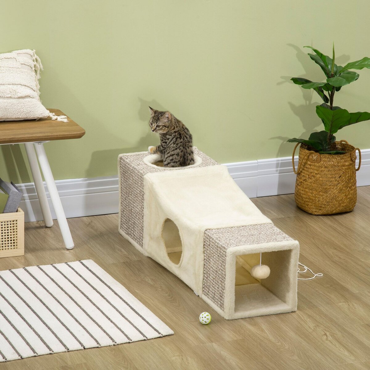 PAWHUT Tunnel grattoir niche modulable pour chat 3 en 1 - jeu balle suspendue - 4 entrées - peluche beige sisal grège