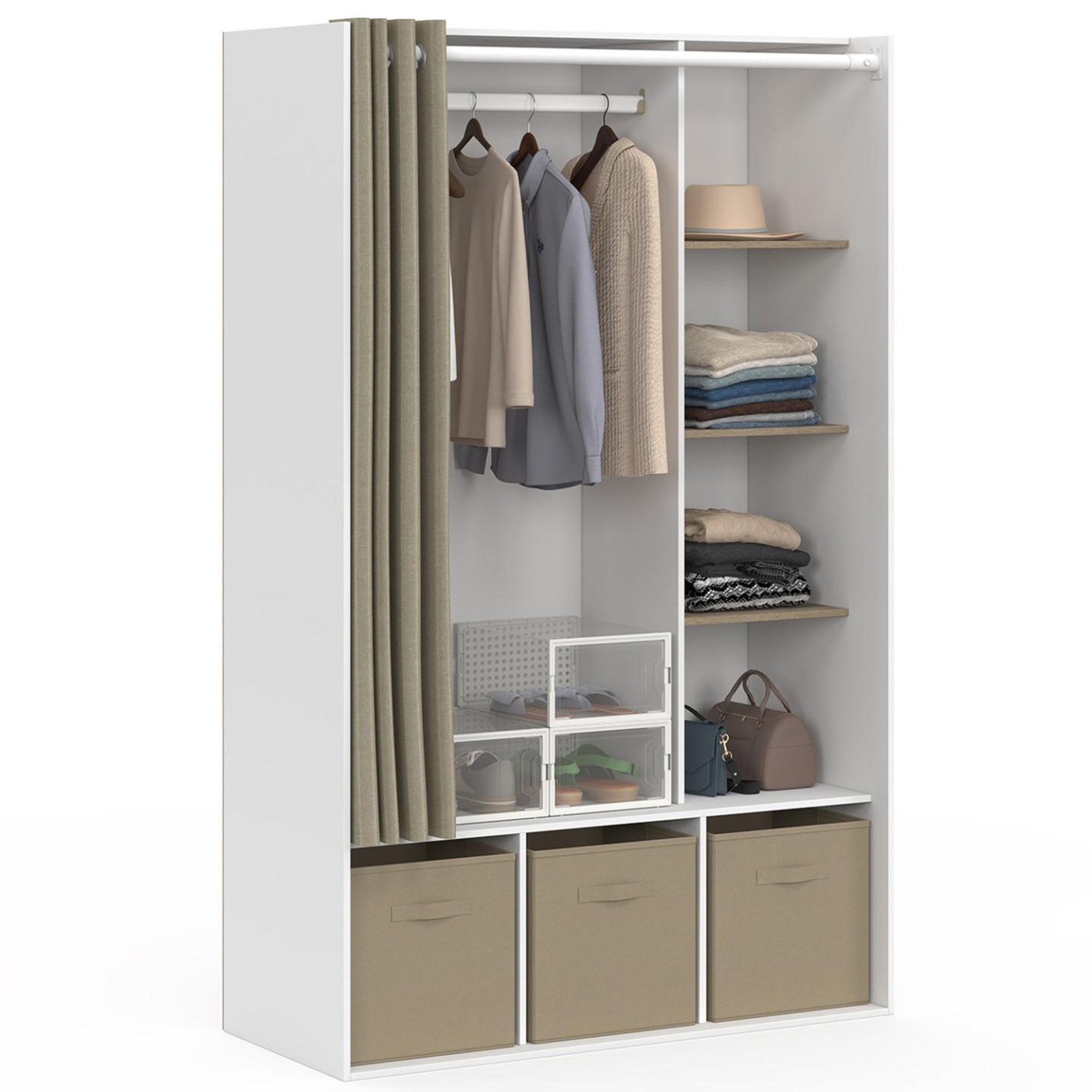 ID MARKET Dressing penderie diane 105 x 45 x 167 cm blanc avec étagères + boites de rangement + rideau taupe