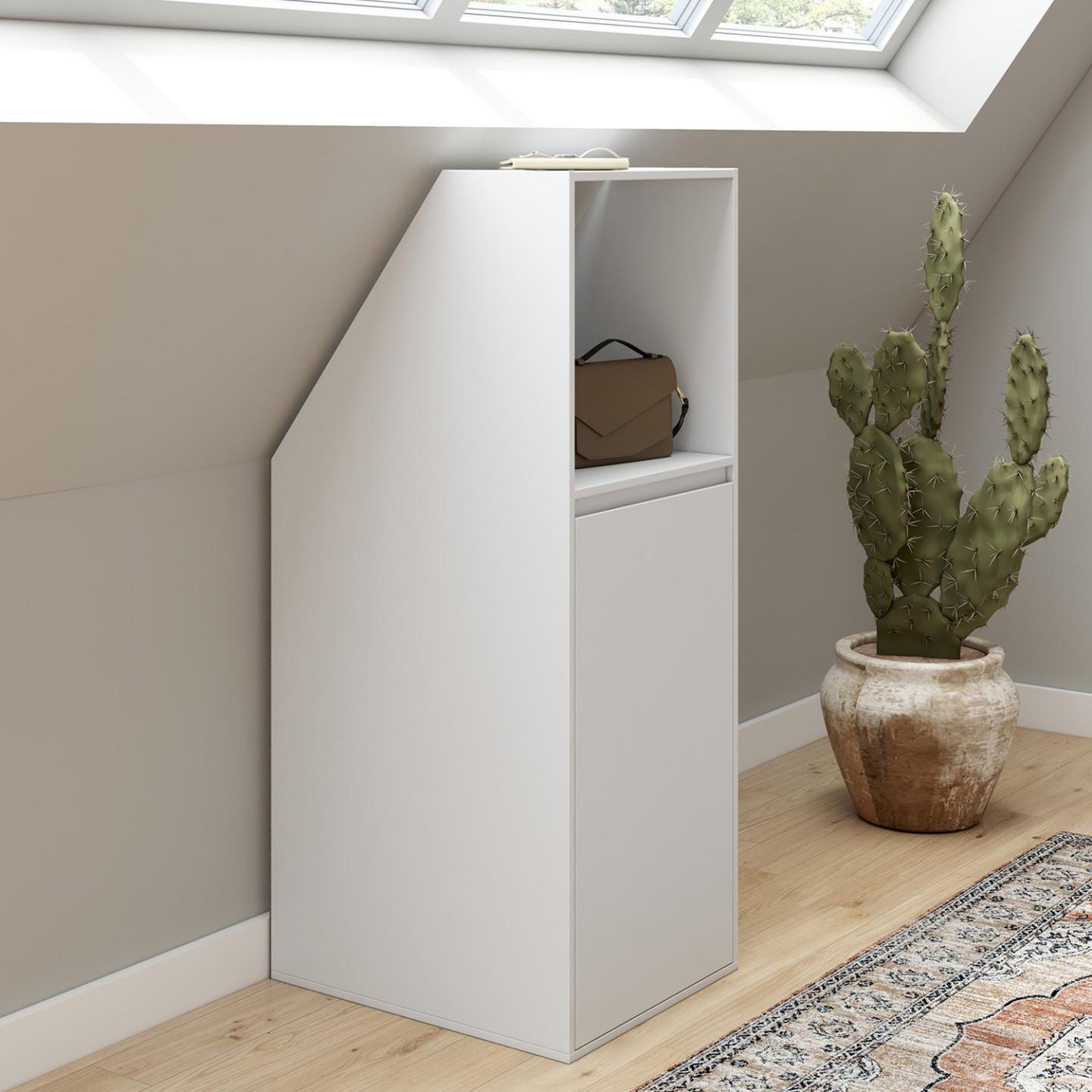 Voir la diapositive 2 : ID MARKET Armoire sous pente 1 porte et 1 niche tomi 40 x 50 x 110/70 cm blanc