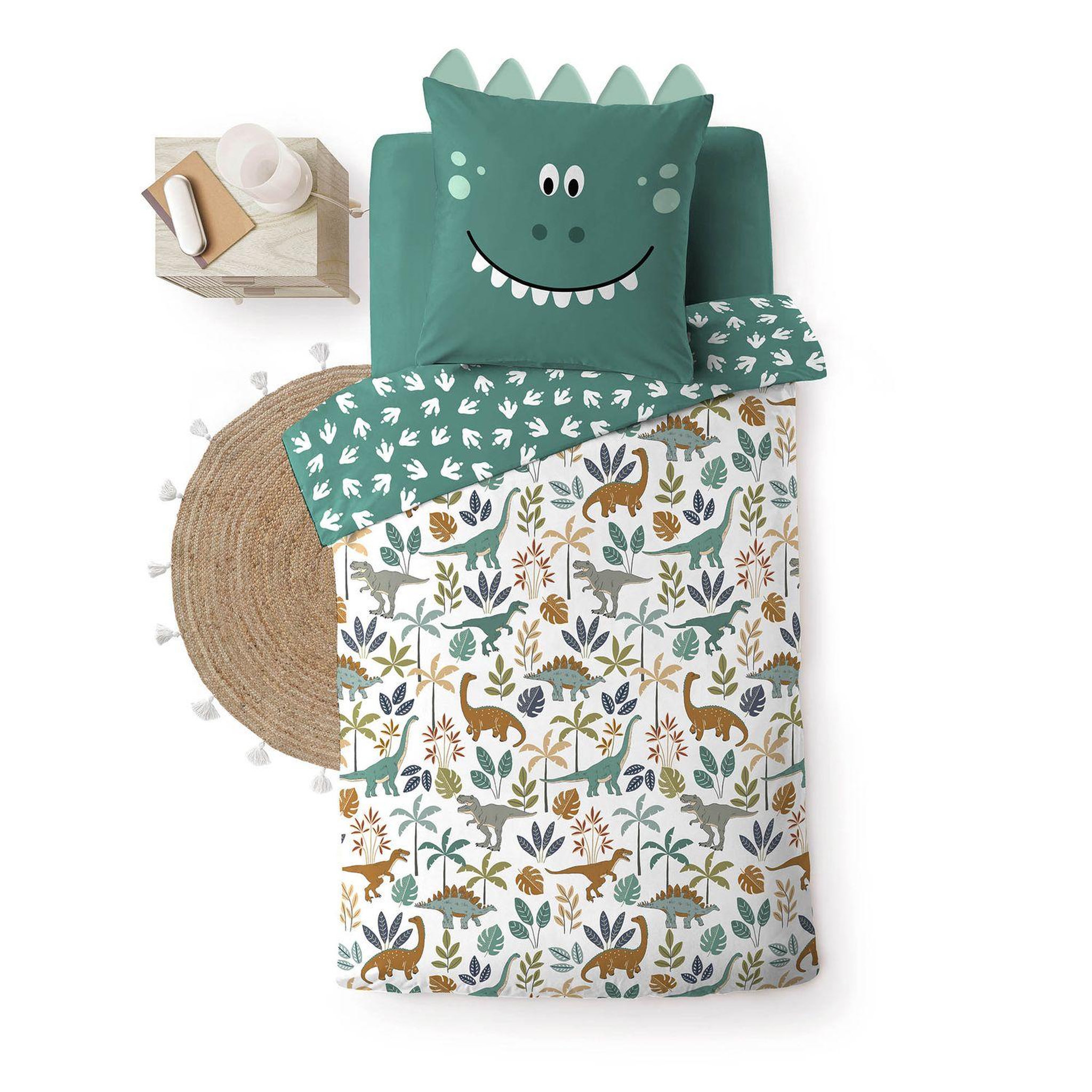 Douceur d'Intérieur Parure de lit enfant réversible DINO - Coton 42 fils/cm² - 140 x 200 cm - Vert