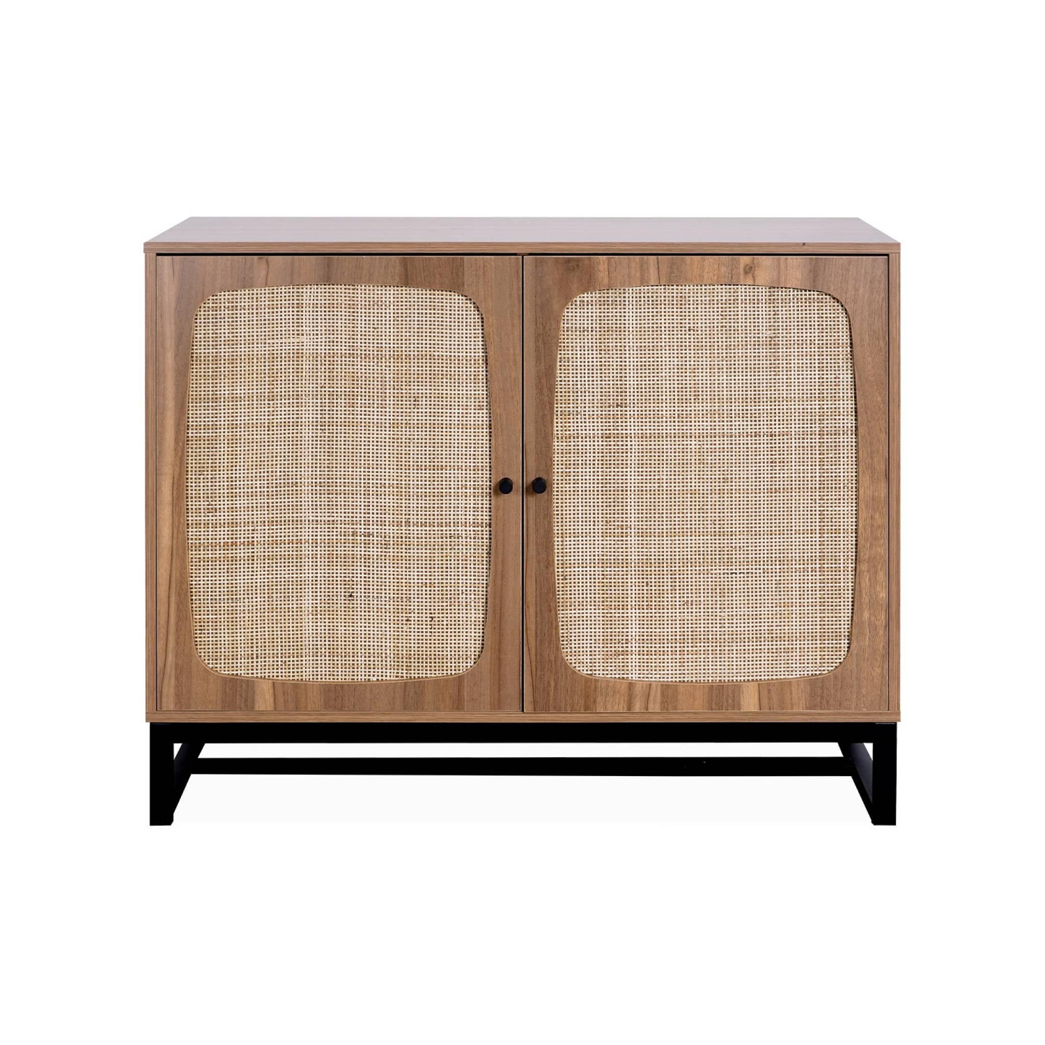 Voir la diapositive 5 : SWEEEK Buffet rétro décor bois foncé et cannage. buffet haut. vaisselier. 2 portes avec pieds en métal noir L100cm