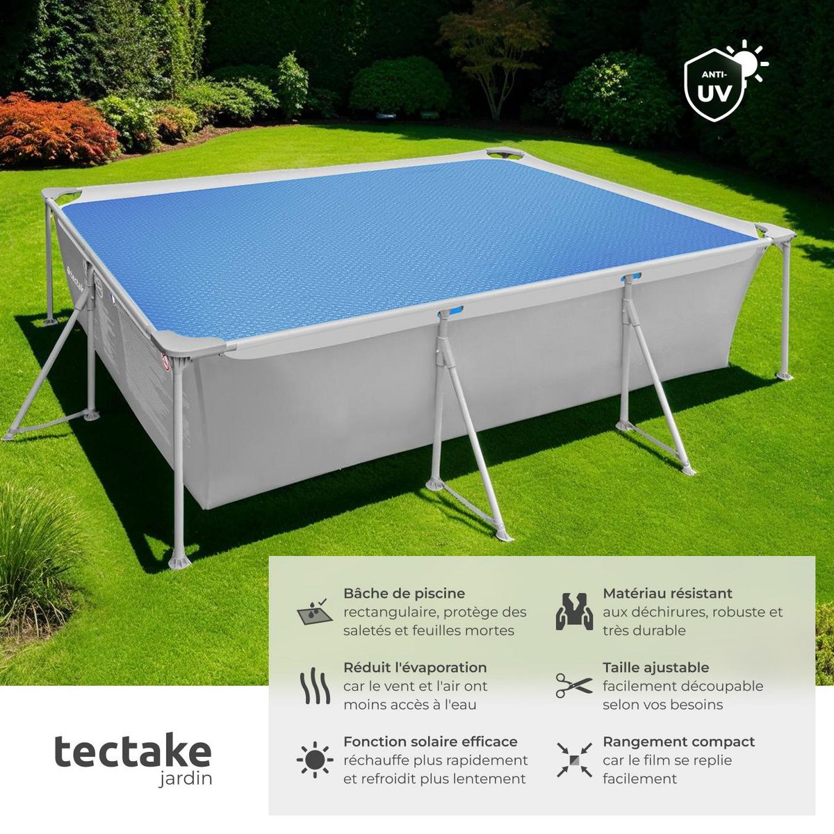 tectake Bâche de piscine Rectangulaire et Auto-flottant bleu