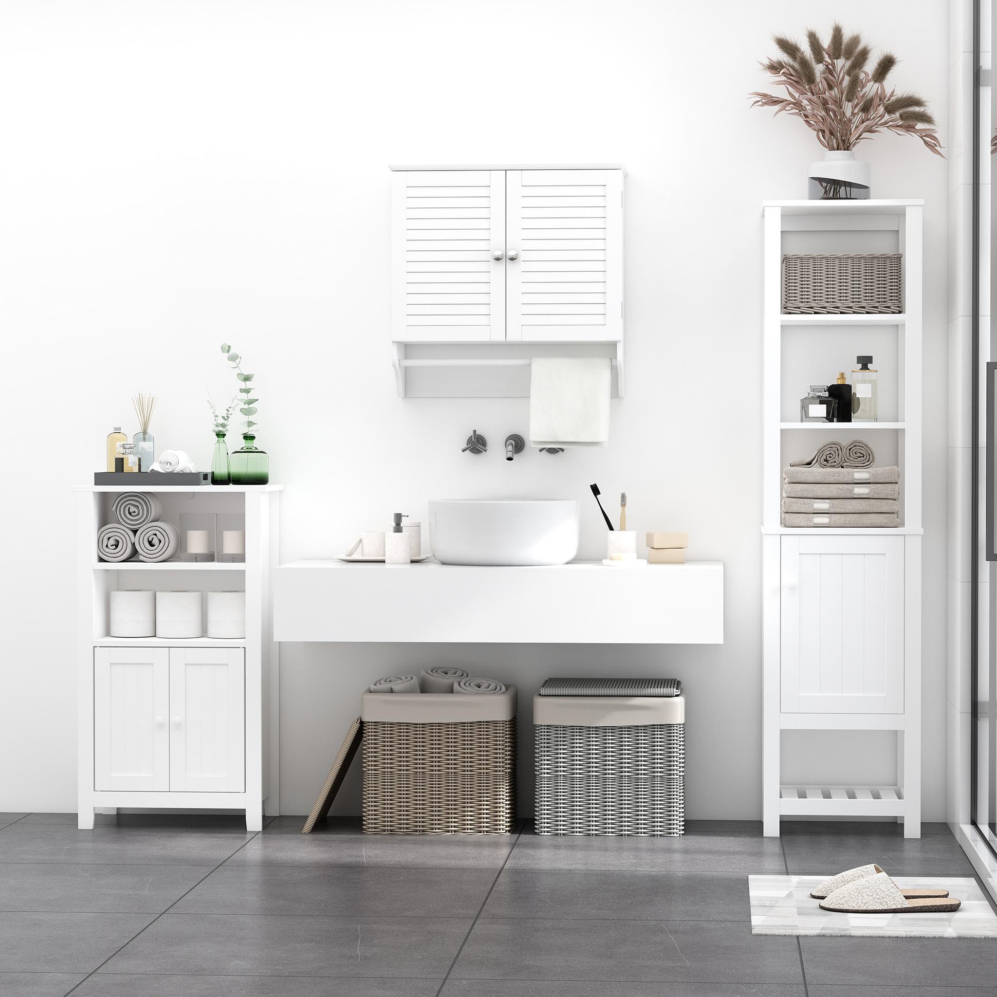 Voir la diapositive 4 : KLEANKIN Armoire haute murale salle de bain ou wc - placard 2 portes persiennes avec étagère - porte-serviette - mdf blanc