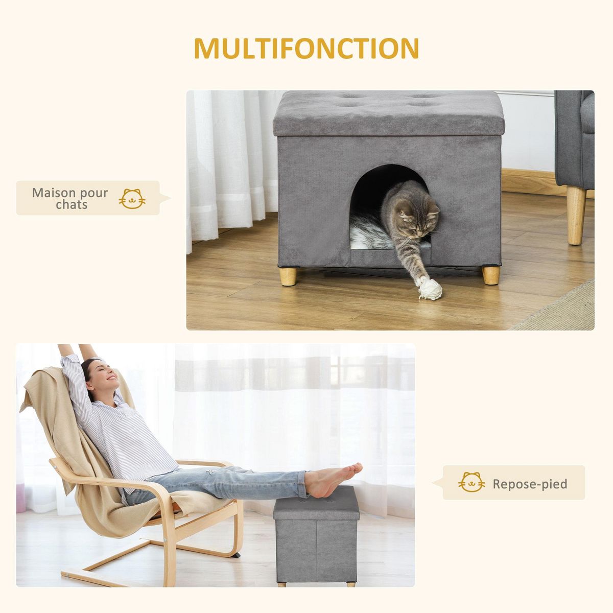 PAWHUT Niche chat maison de chat sur pied repose-pied 2 en 1 - coussin inclus - pliable - MDF peluche suédé gris
