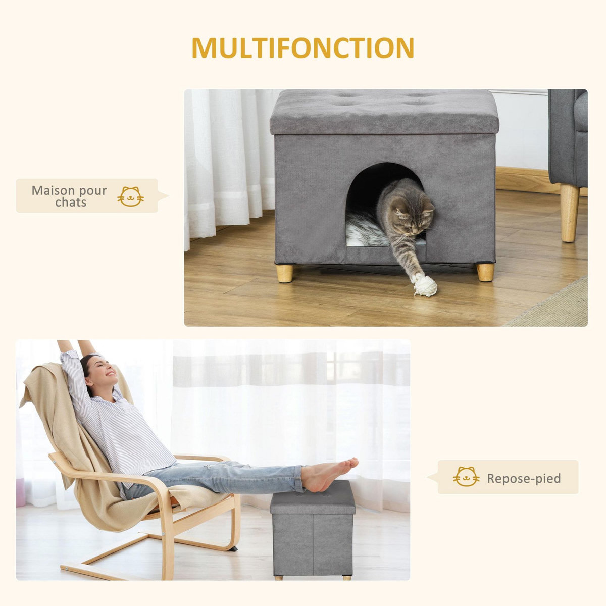 PAWHUT Niche chat maison de chat sur pied repose-pied 2 en 1 - coussin inclus - pliable - MDF peluche suédé gris