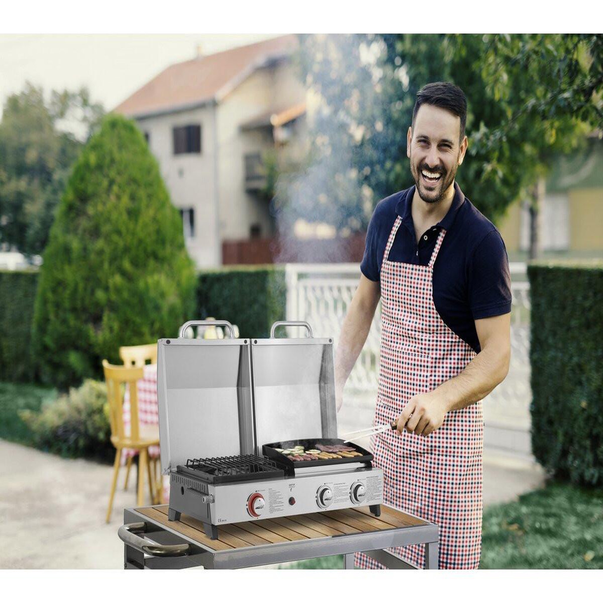 Voir la diapositive 2 : Habitat et Jardin Plancha barbecue à gaz avec grille et plancha  flamo  - 3 bruleurs - gris