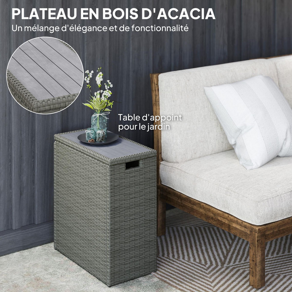 OUTSUNNY Coffre de jardin en résine tressée 66L dim. 28 x 55 x 60 cm plateau bois acacia gris