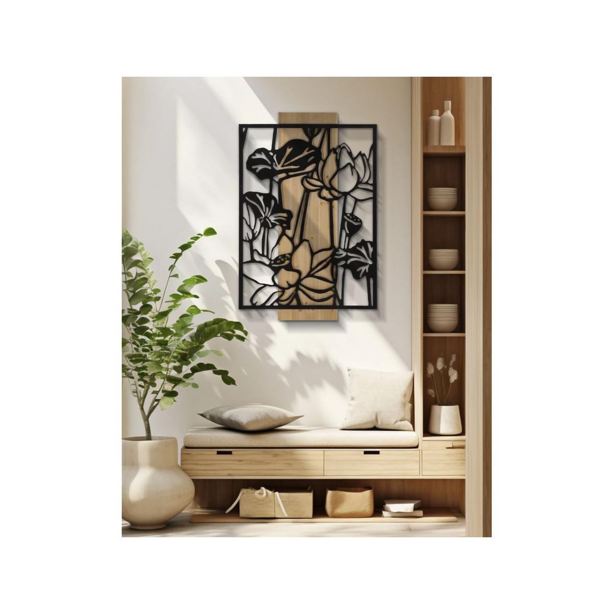 Voir la diapositive 5 : Paris Prix Décoration murale encadrée  lotus  90cm noir & naturel